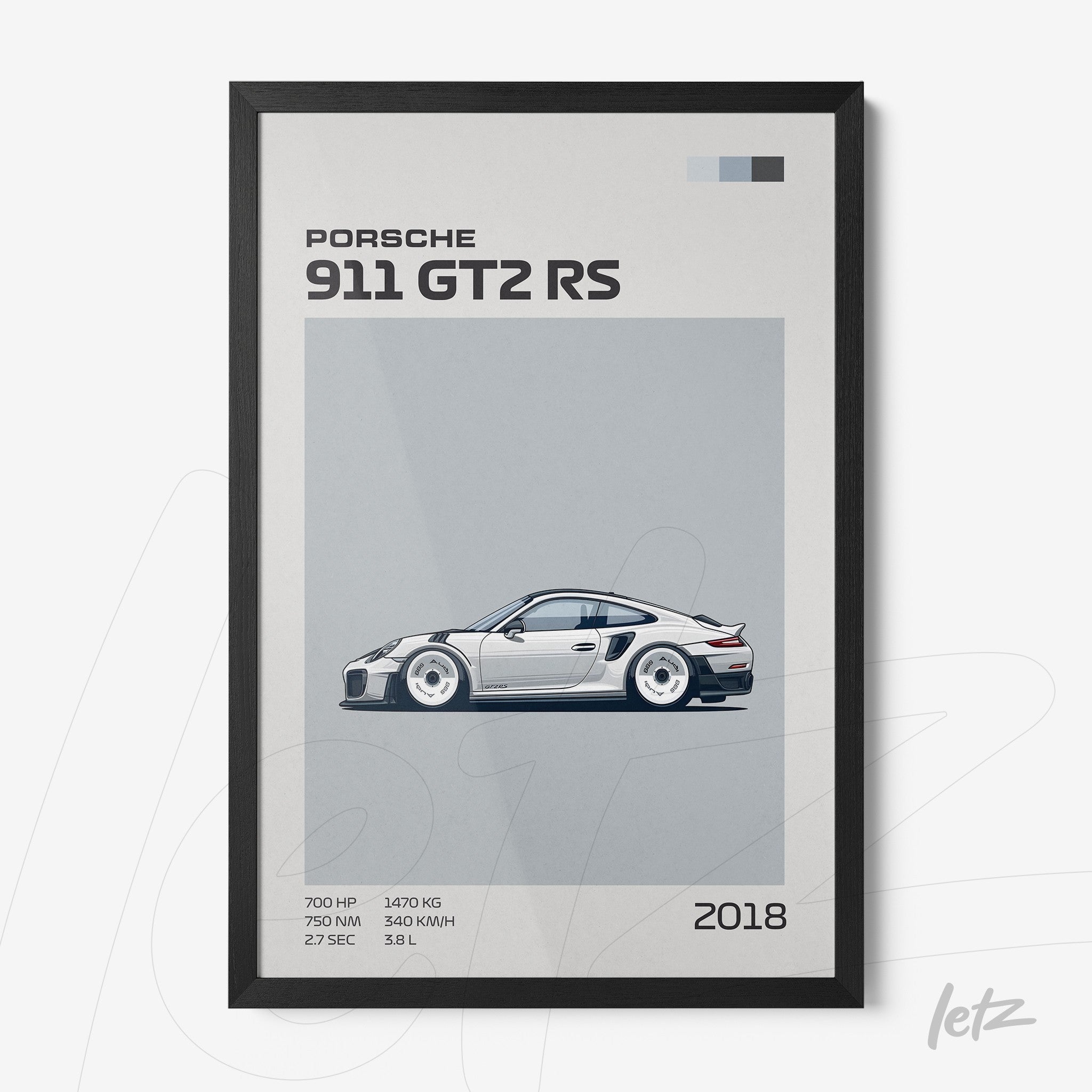 framed minimalist art of Porsche 911 GT2 RS car with black frame