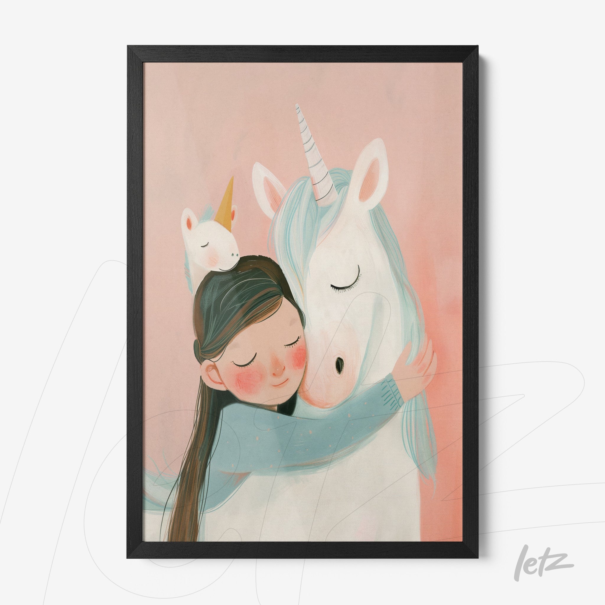 framed art featuring a girl embracing a unicorn against a soft pink background with black frame