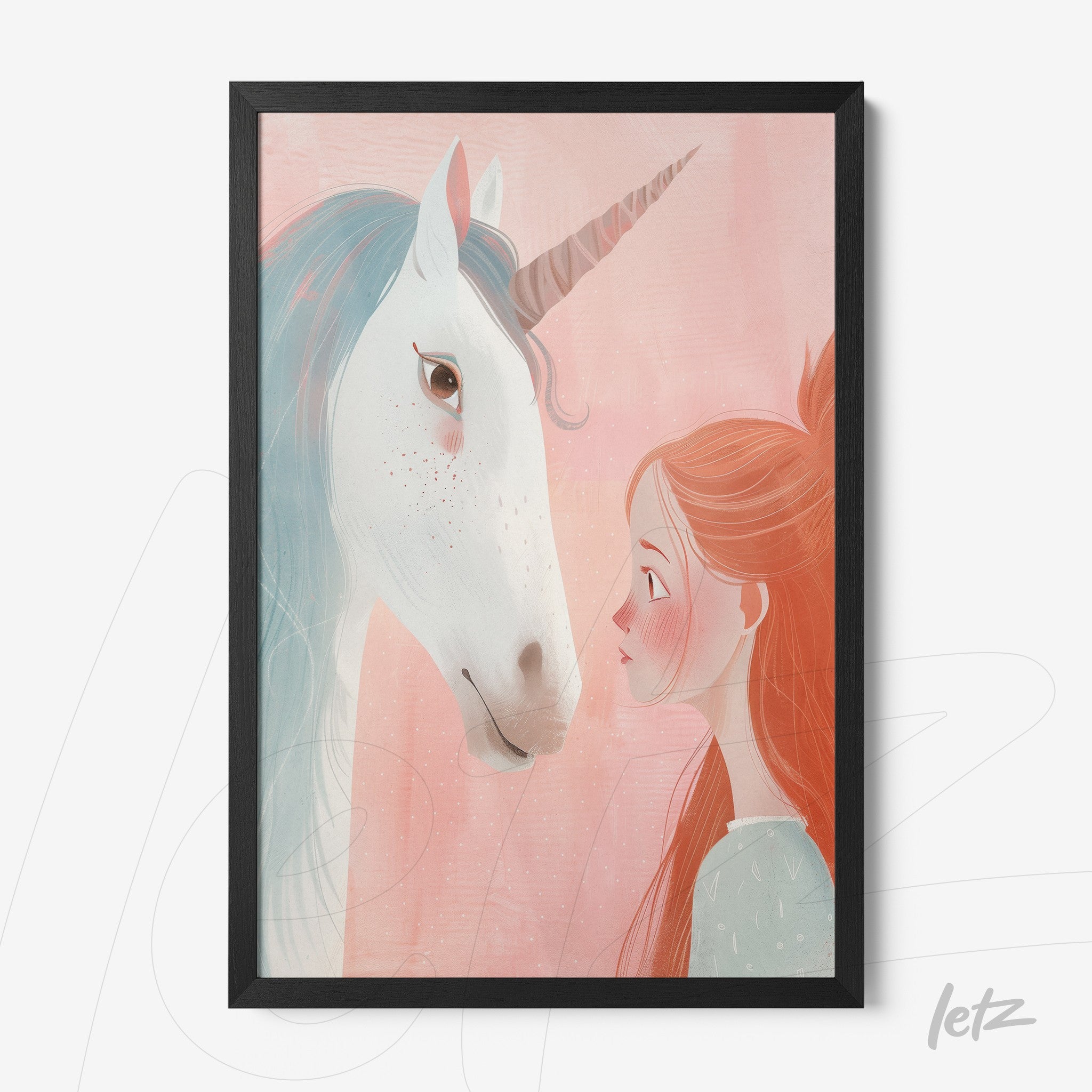 framed artwork featuring a young girl gazing at a unicorn with a pink background