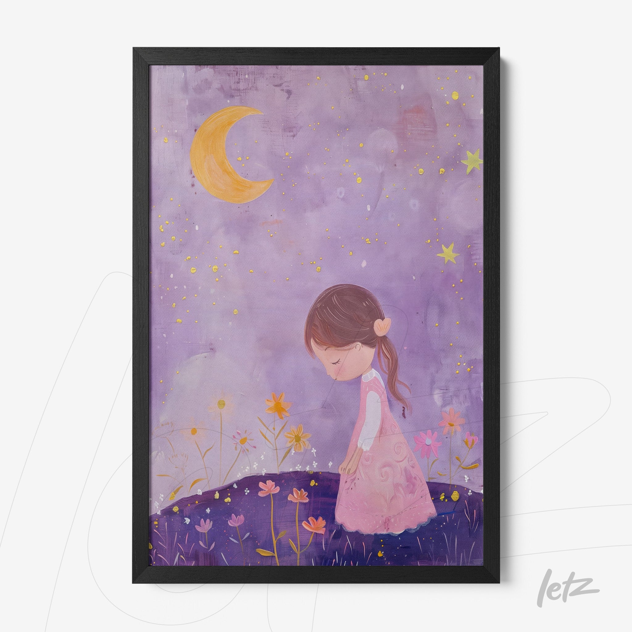 framed art featuring a girl in a pink dress standing on a purple background with a crescent moon and stars