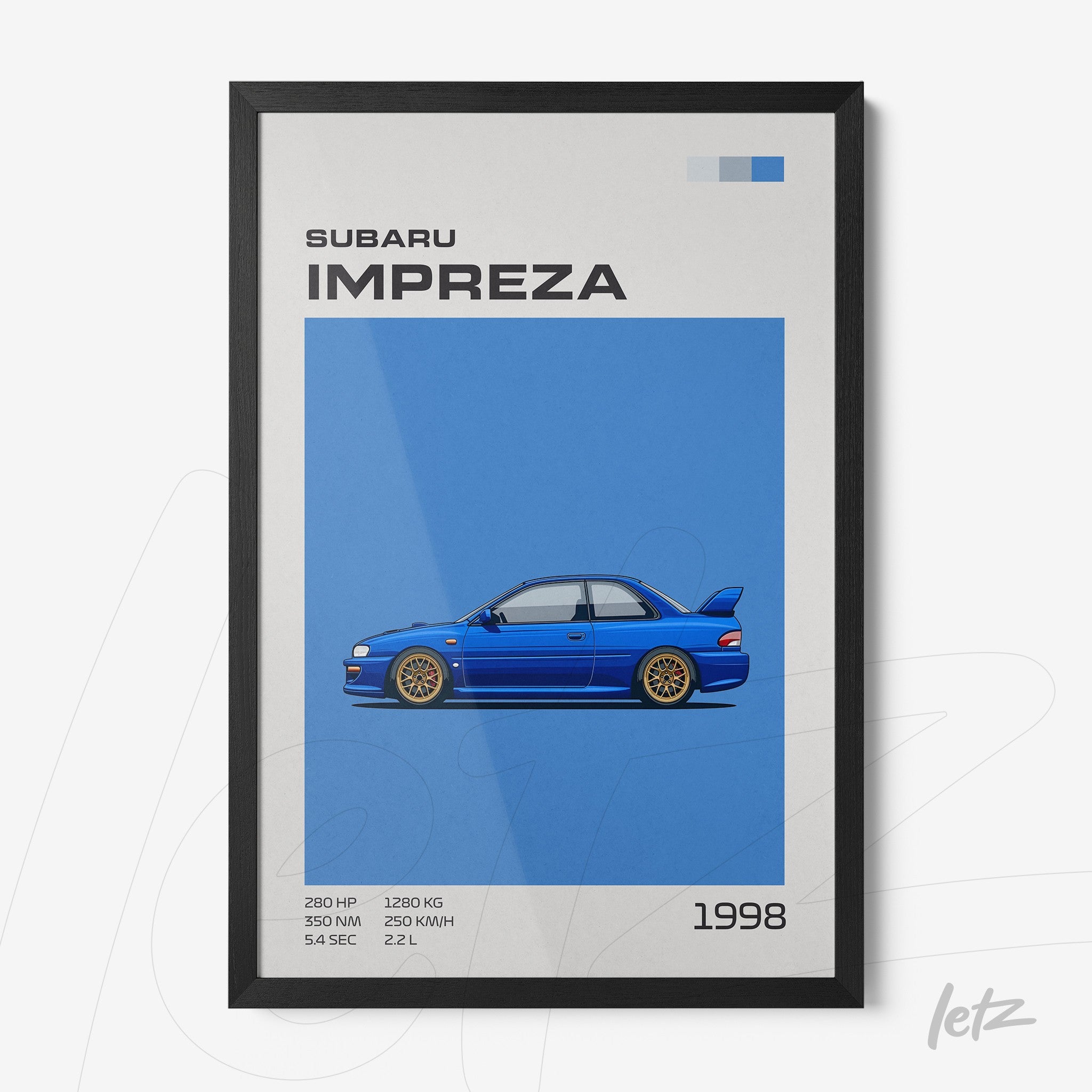 framed artwork featuring a 1998 Subaru Impreza illustration with a black frame and blue background