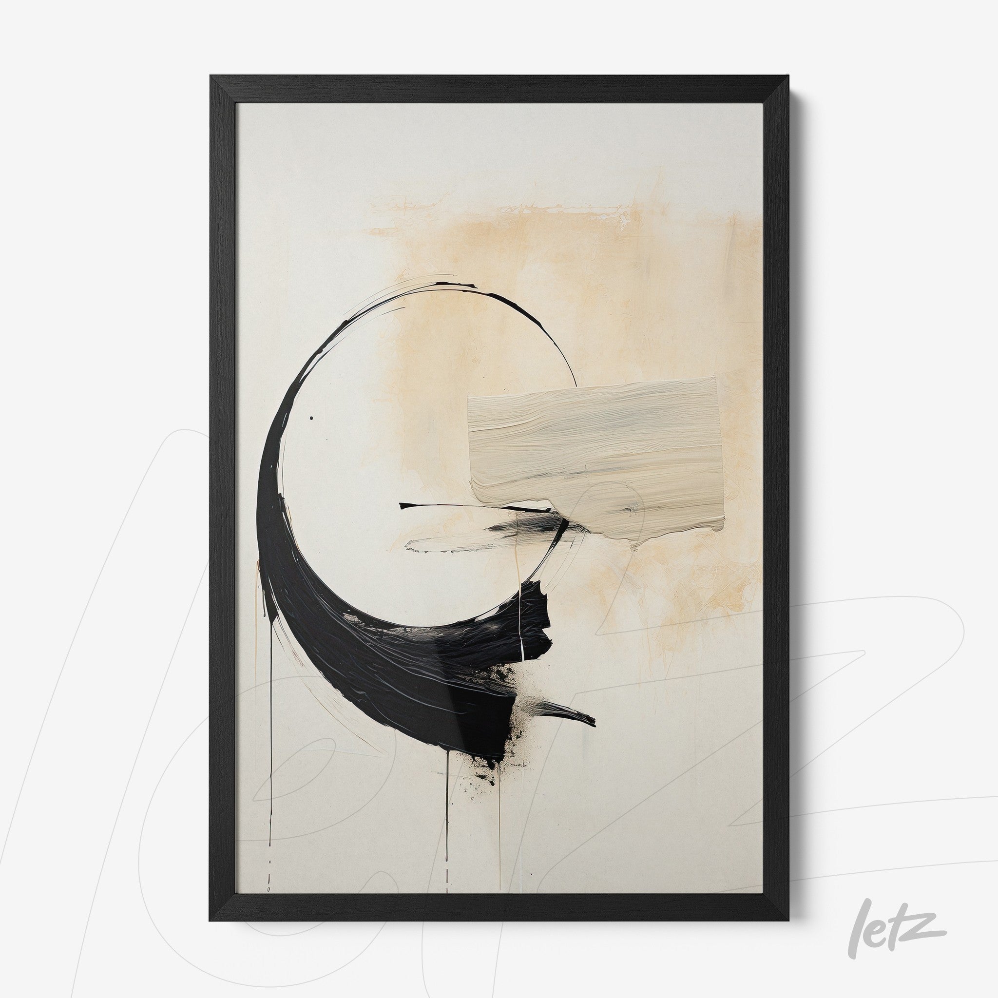 modern framed wall art featuring an abstract composition in black and beige tones