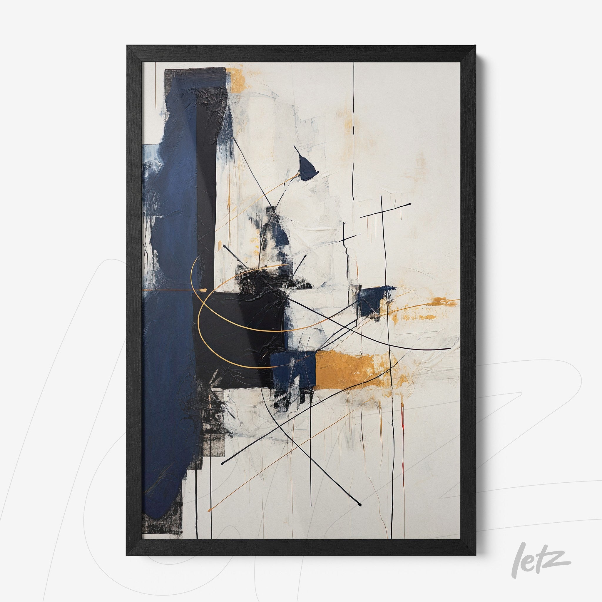 abstract art piece featuring dominant blue, black and touches of yellow in a thin black frame