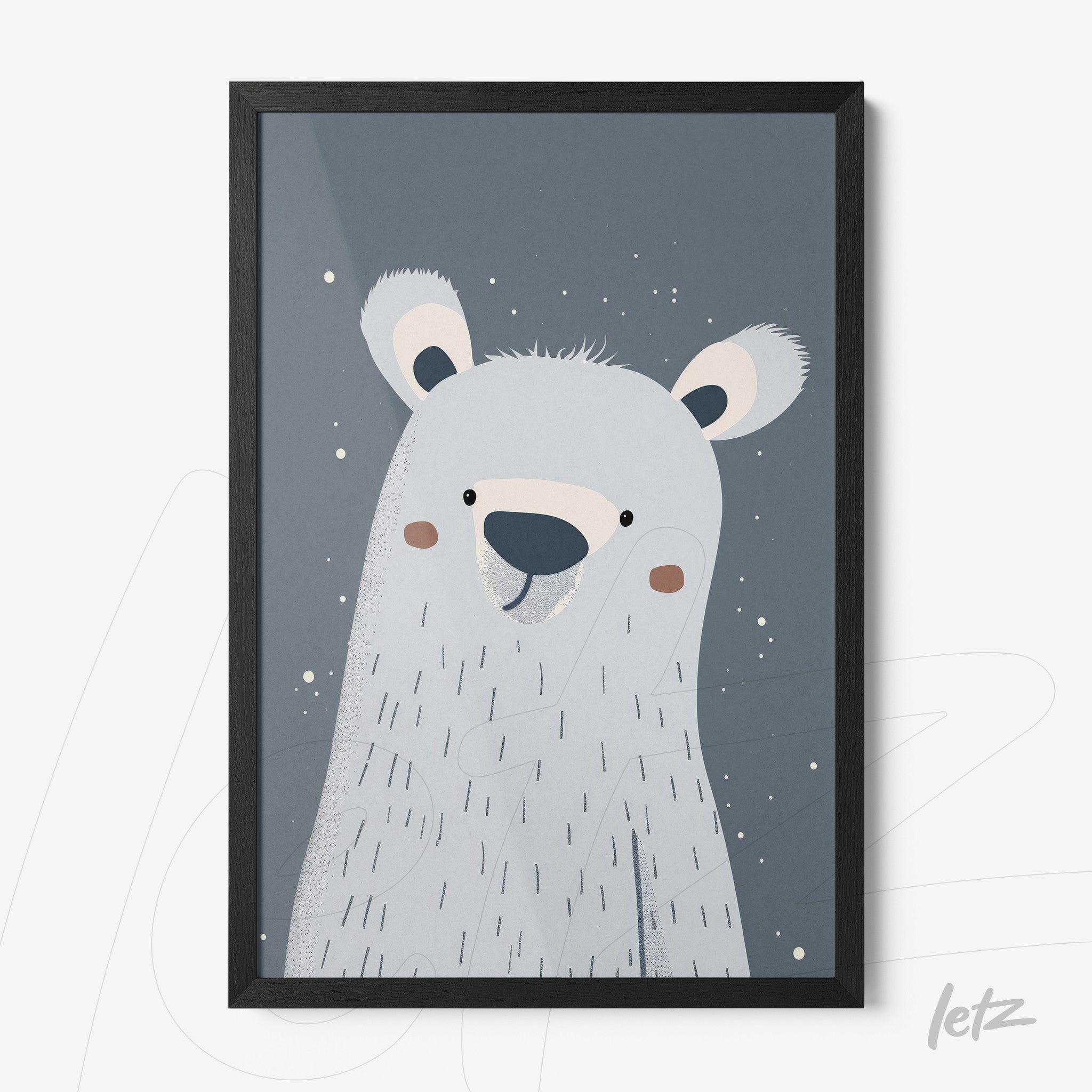 framed artwork of a smiling polar bear on a gray background, black frame