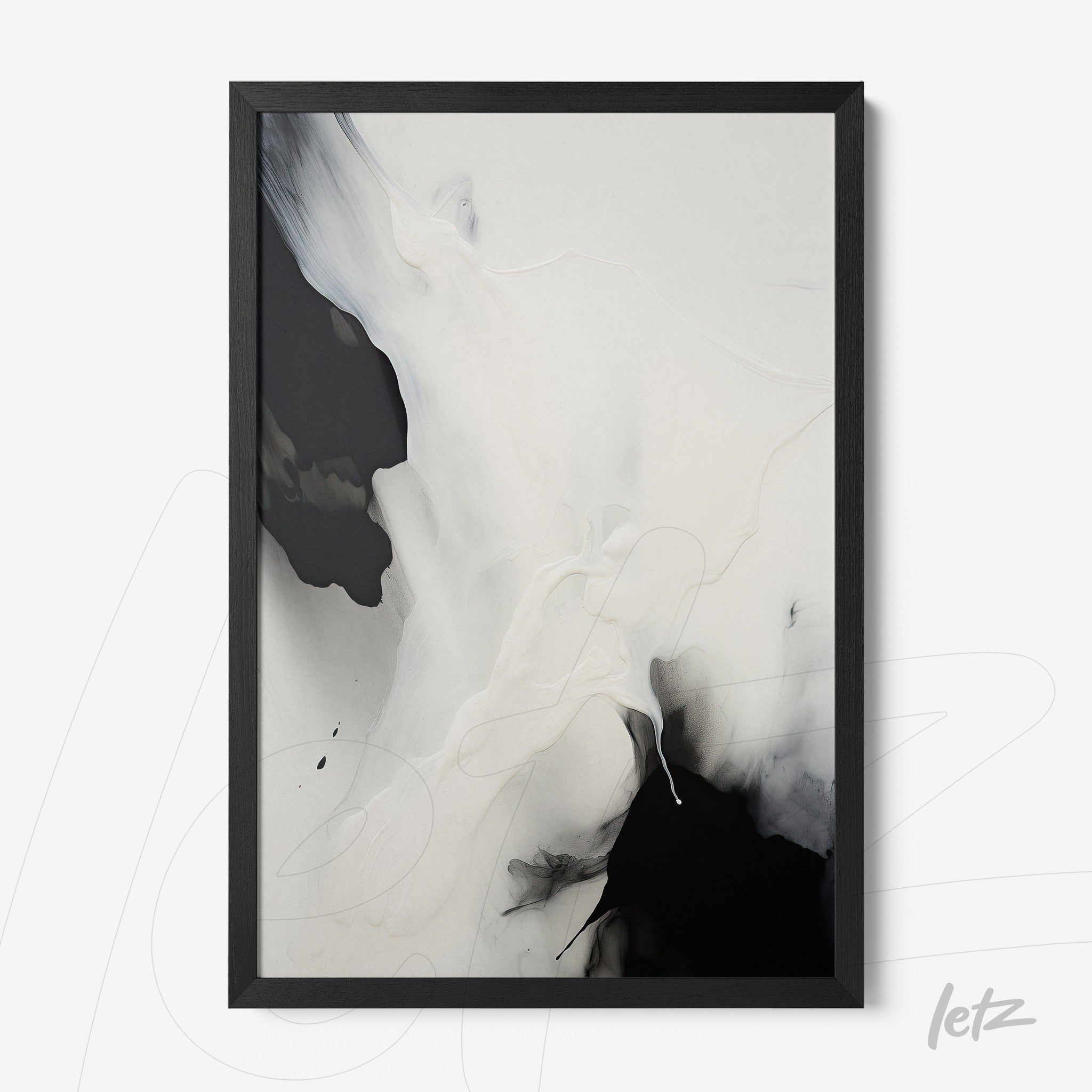 abstract wall art with smooth texture in shades of black, white, and gray, in black frame