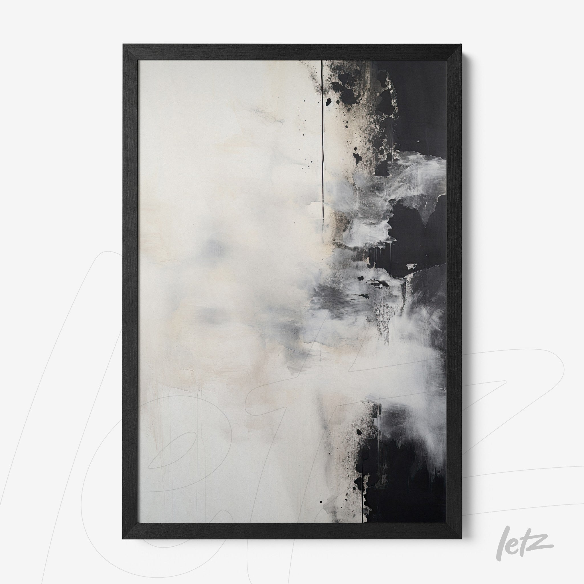 abstract wall art in black frame featuring light and dark tones with fluid brush strokes in white and black