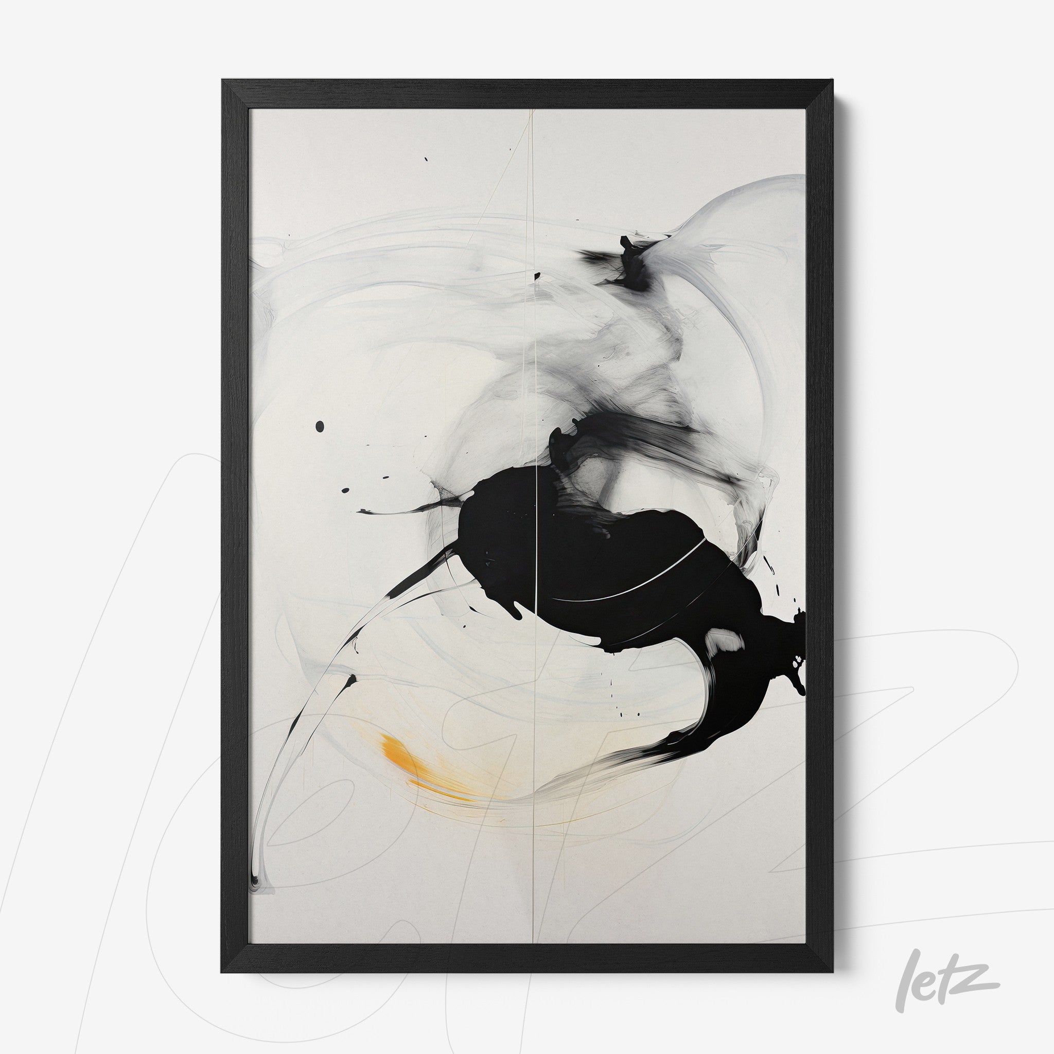 abstract wall art in black and white with fluid strokes and a touch of yellow in black frame