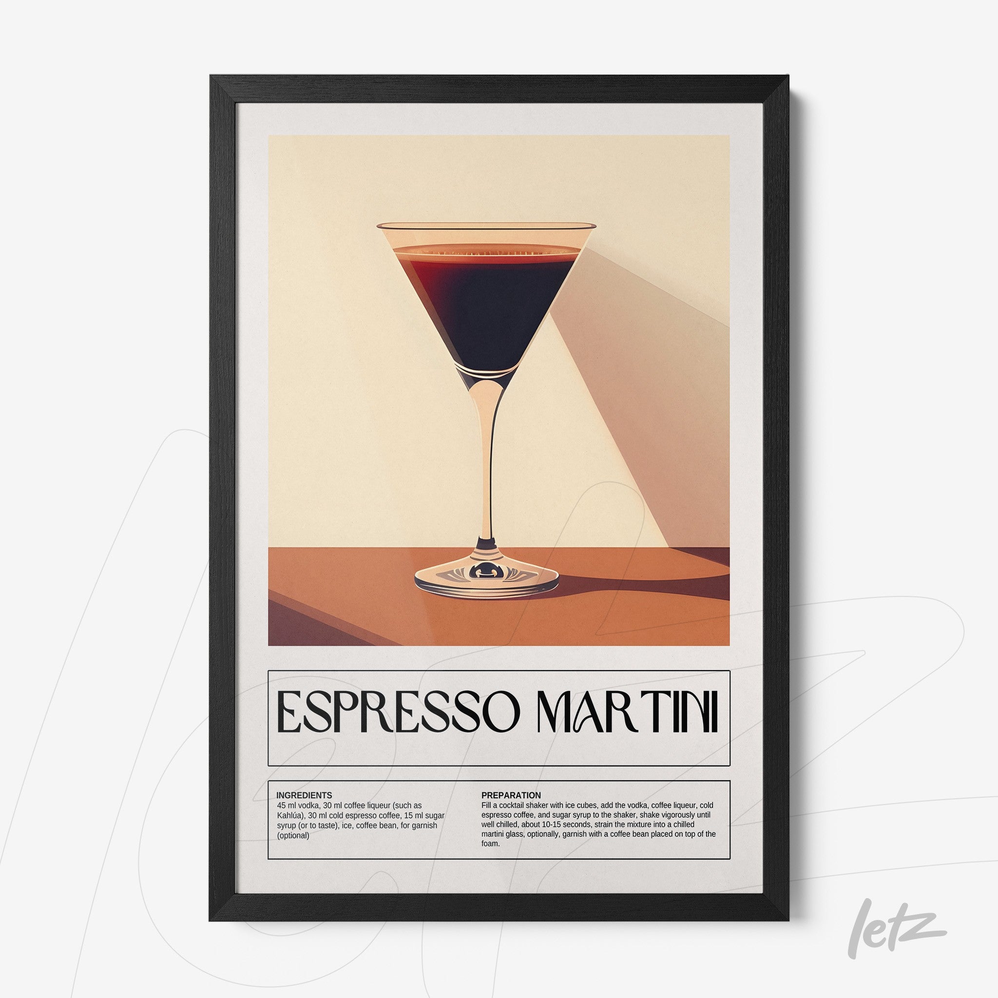 stylized wall art of espresso martini in a black frame