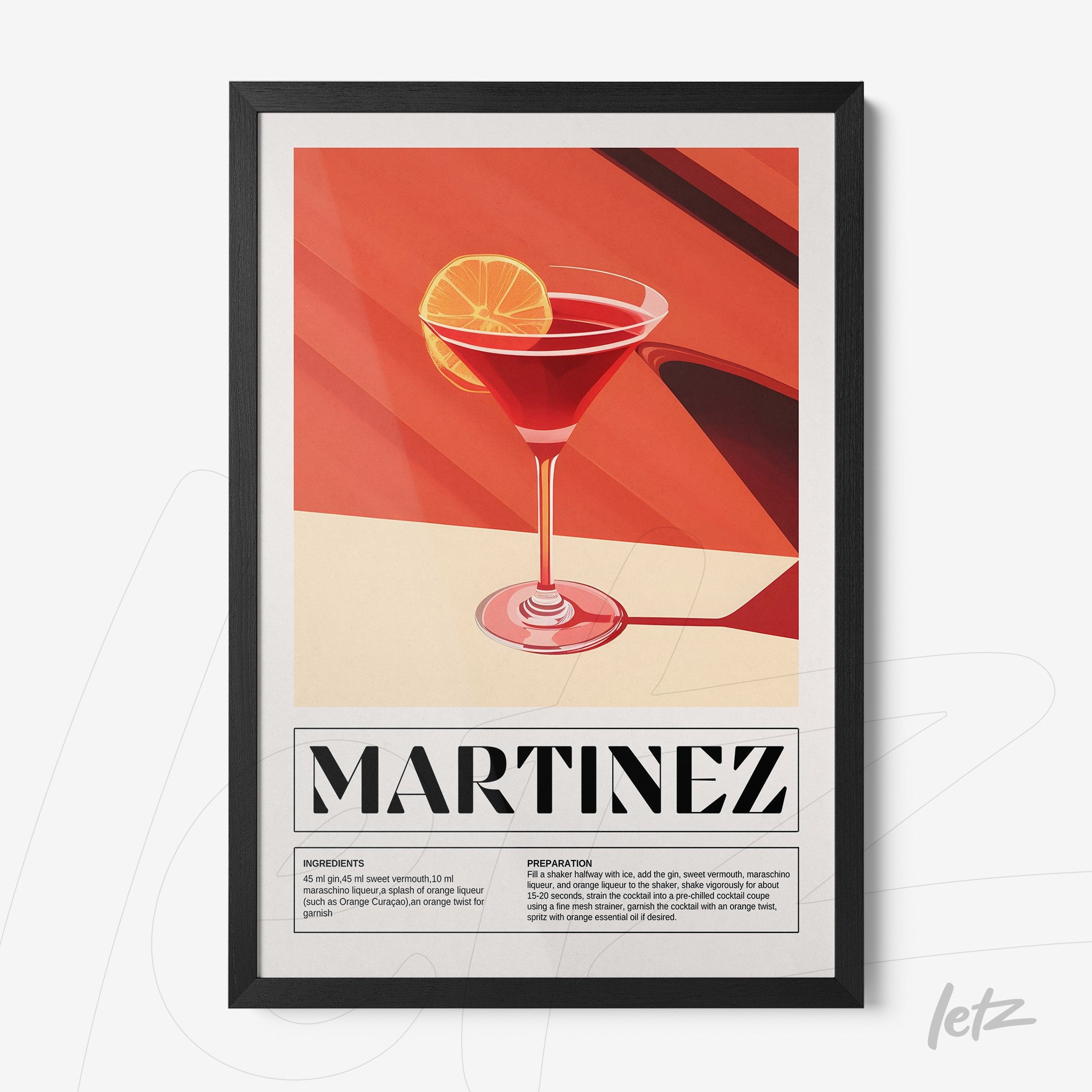 framed graphic art of a martinez cocktail in a sleek black frame