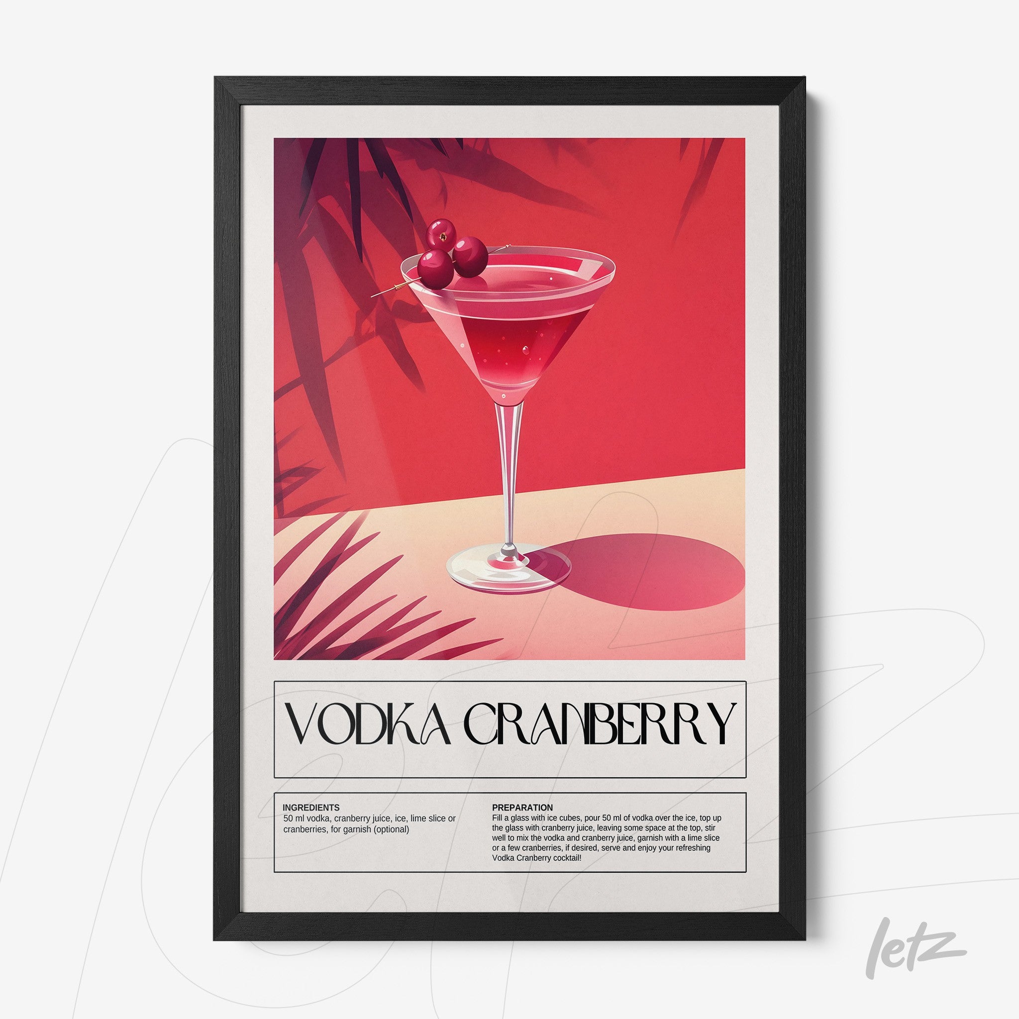 framed art illustration of vodka cranberry cocktail with graphical details