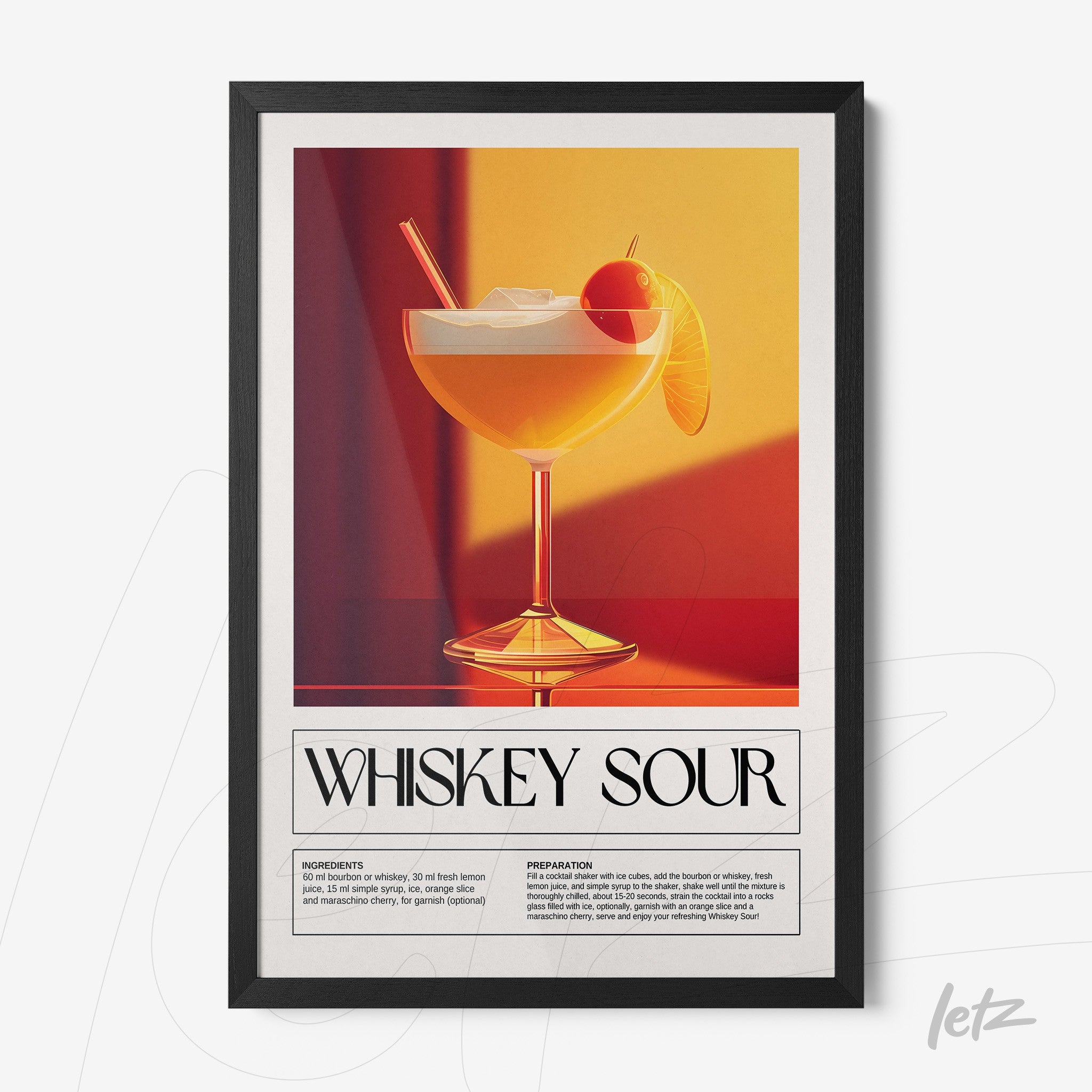 framed art featuring a stylized whiskey sour cocktail with a black thin frame