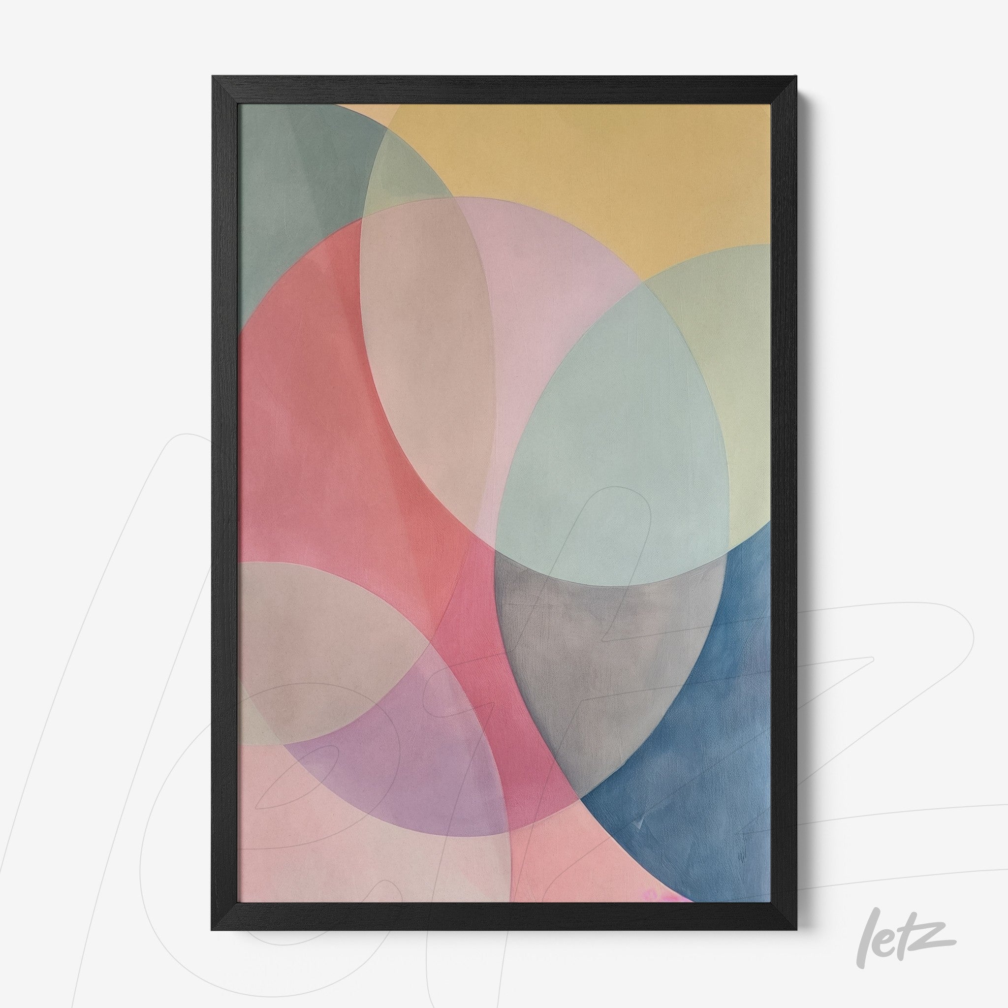 framed abstract artwork featuring oval shapes in pastel tones with yellow background and black frame