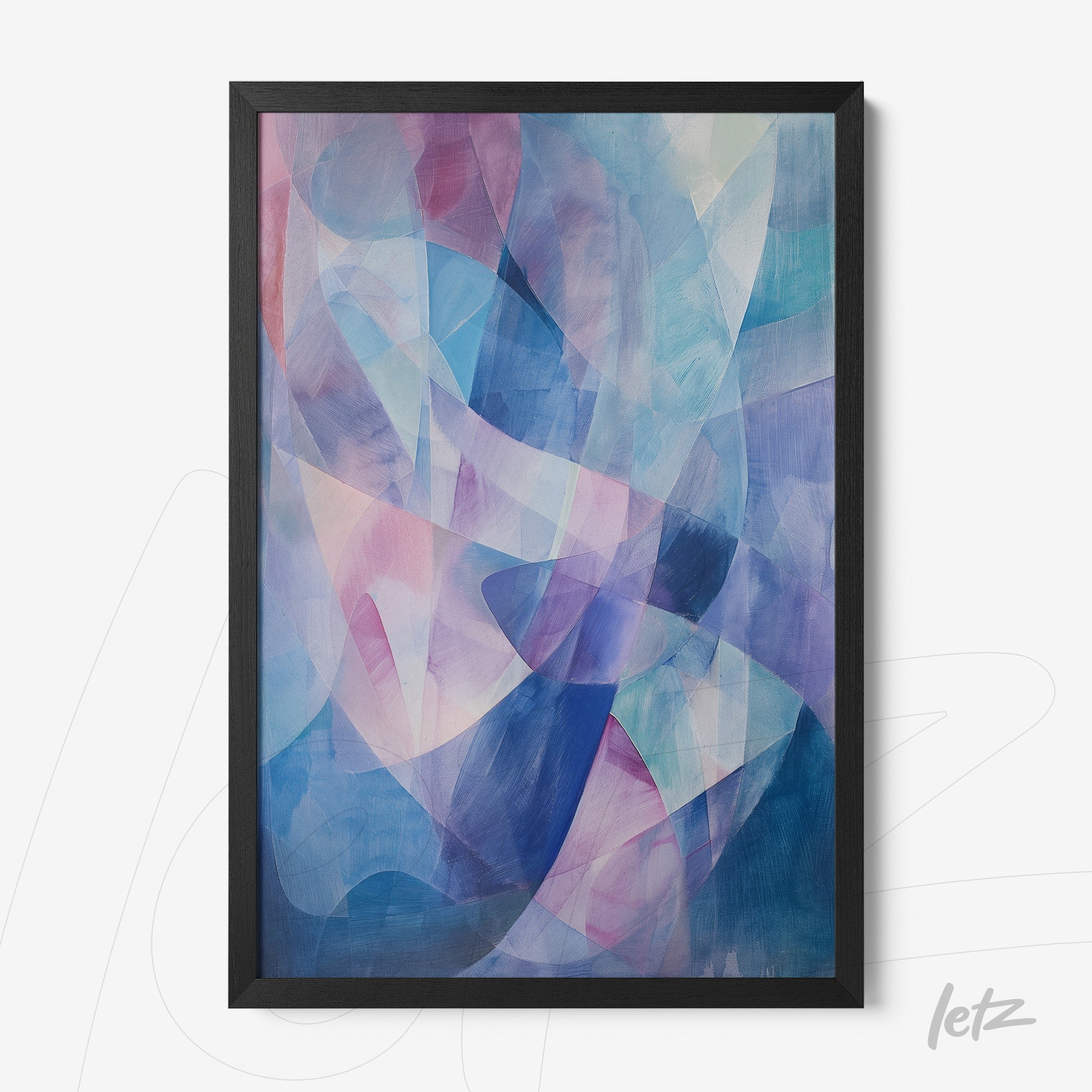framed abstract art piece in shades of blue, pink, and lilac