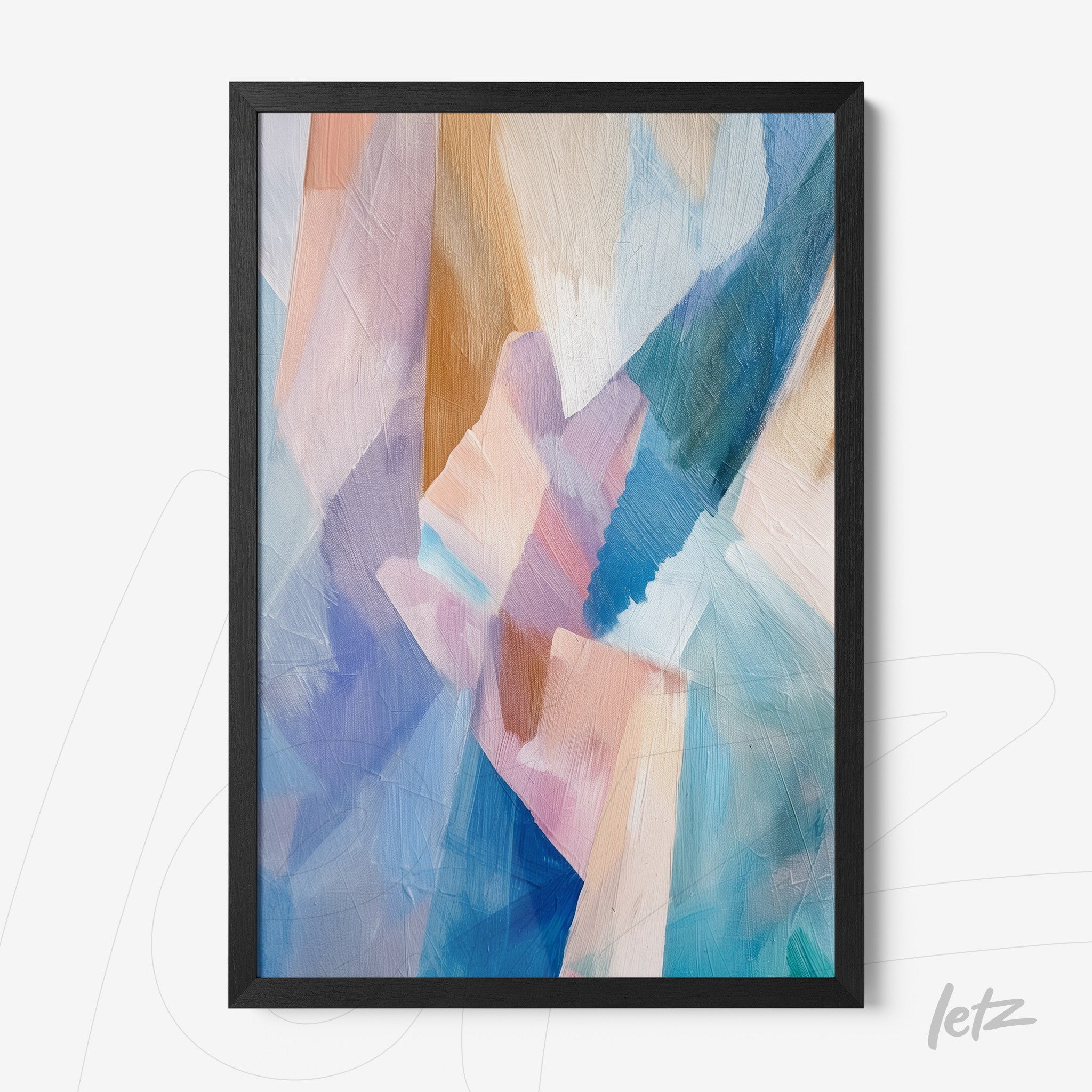 framed artwork with abstract design in shades of blue, pink, and yellow with a black frame