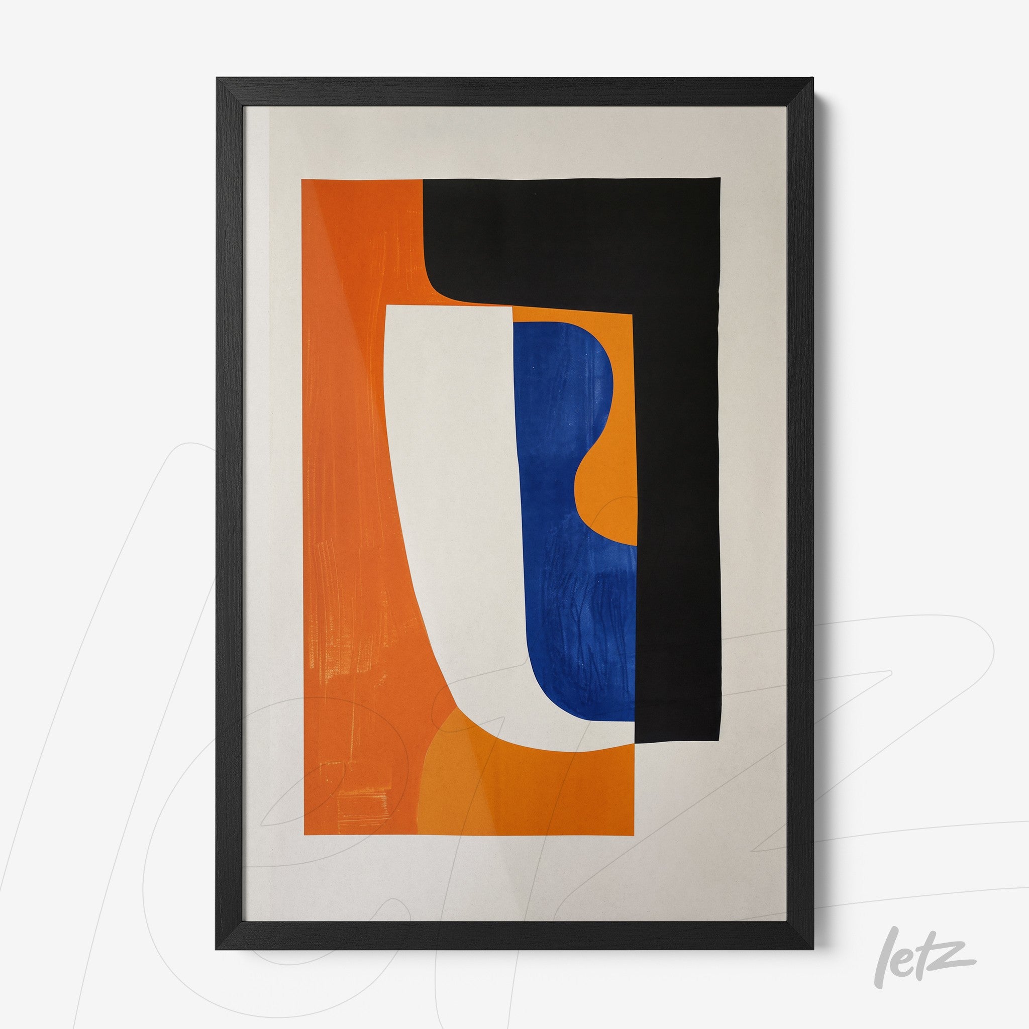 framed abstract artwork in vibrant colors featuring geometric shapes in blue, orange, and black