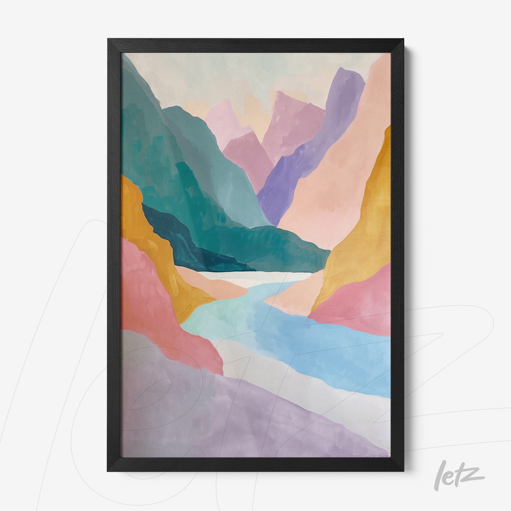 abstract art print featuring colorful mountains and soft water tones in a black frame