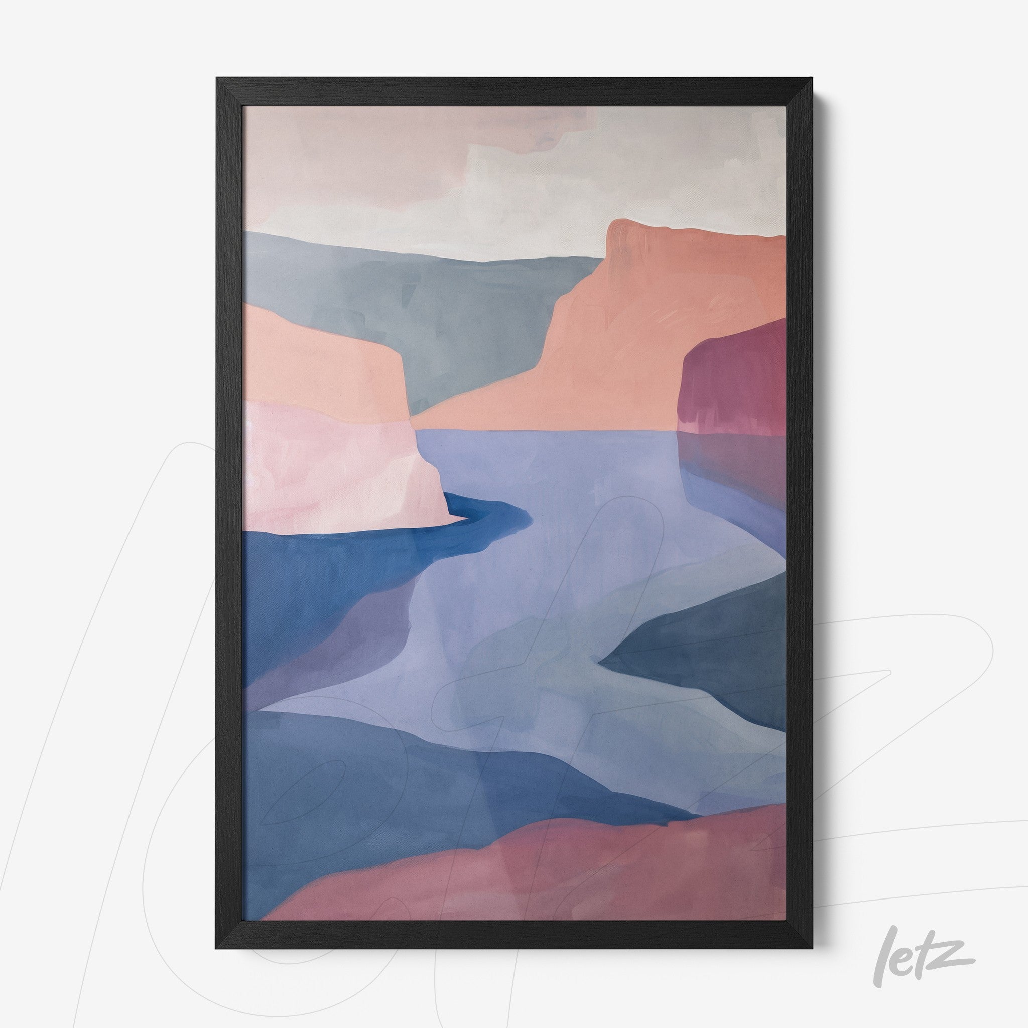 framed abstract artwork in shades of pink and blue depicting serene landscapes with a black frame