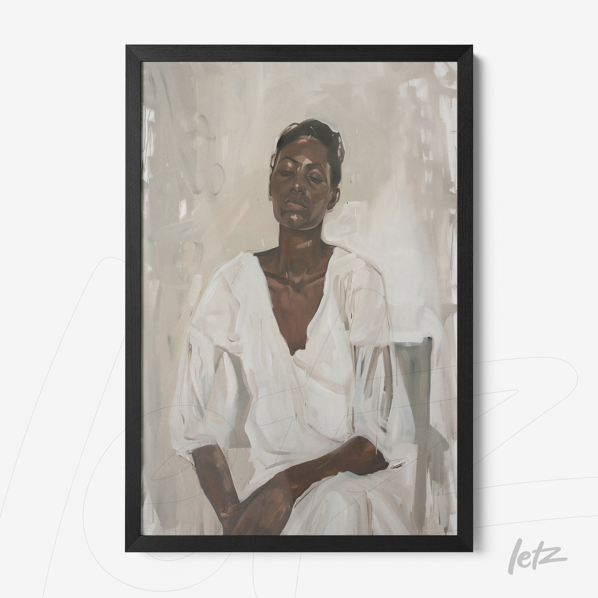 framed portrait of a woman in neutral tones, serene expression wearing a white blouse with black frame