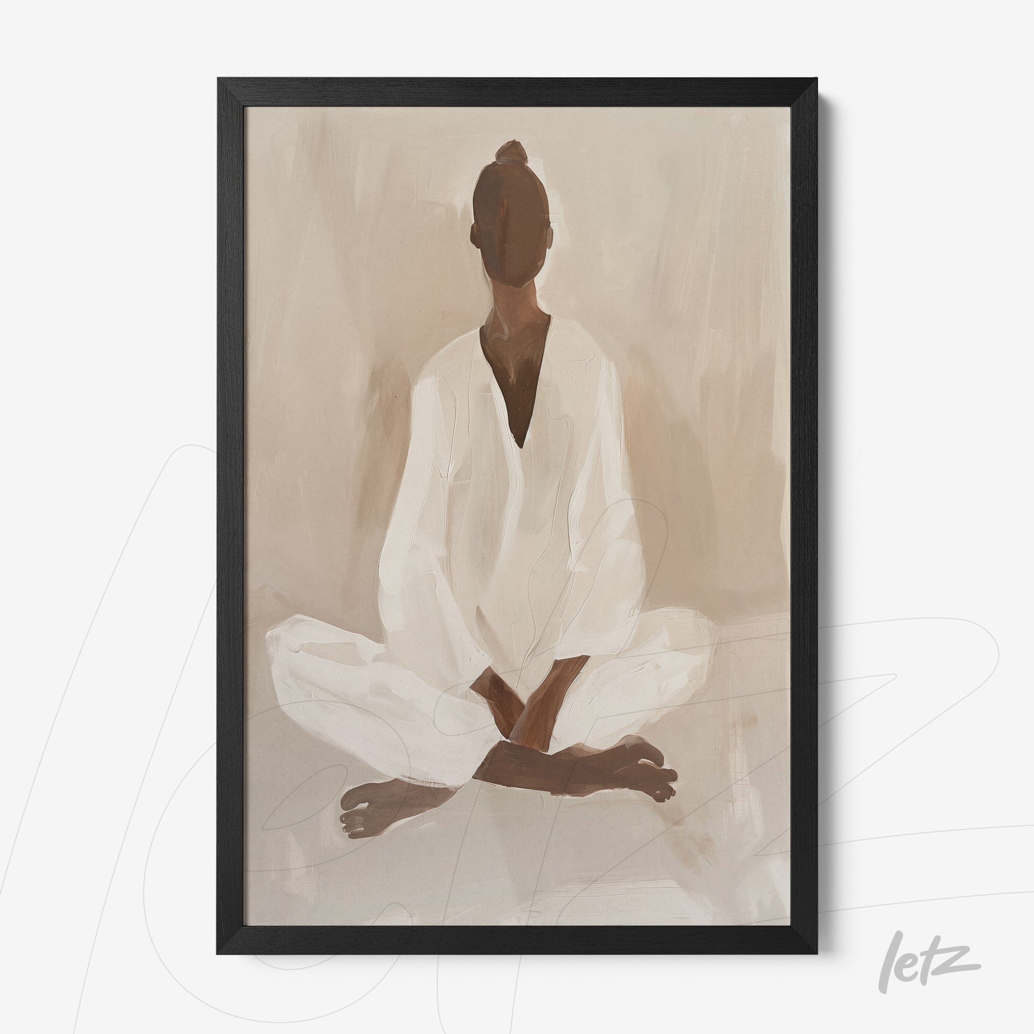 minimalist framed art of a meditating human figure with a black frame and neutral background