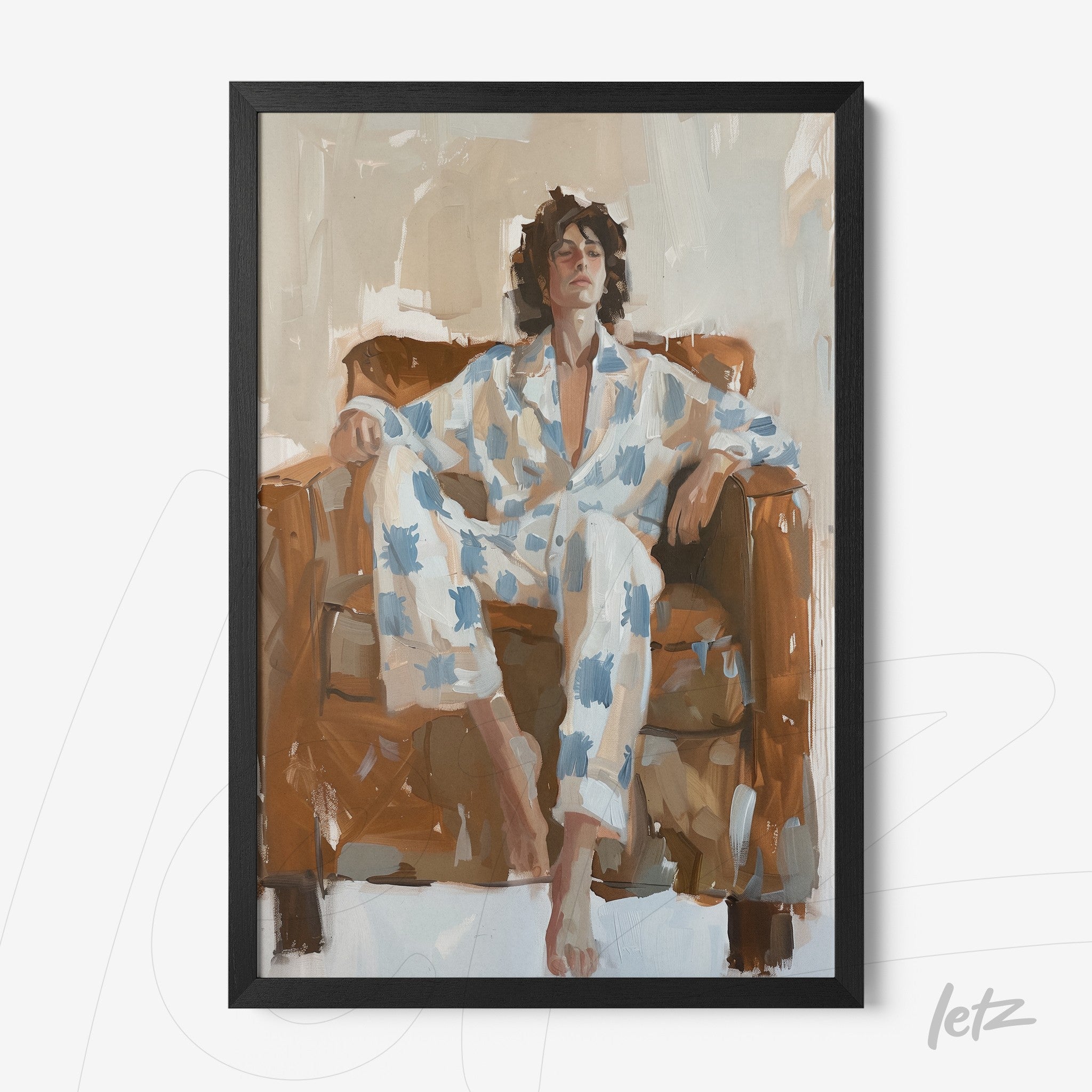 framed figurative art of a man lounging on a brown sofa, wearing blue patterned pajamas