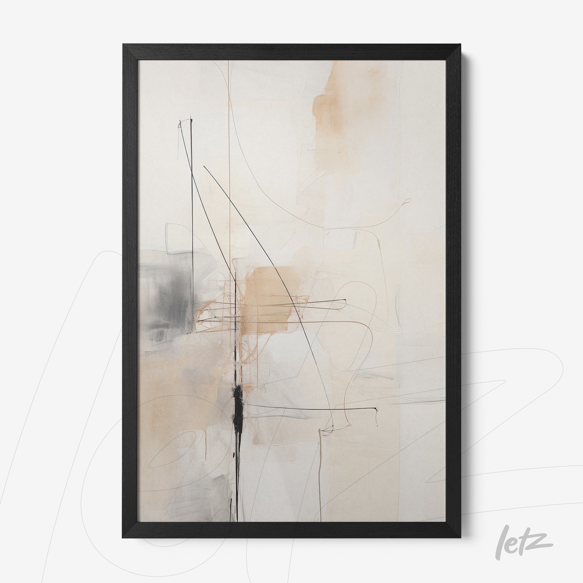 abstract wall art in black frame featuring lines and shapes in light and earthy tones