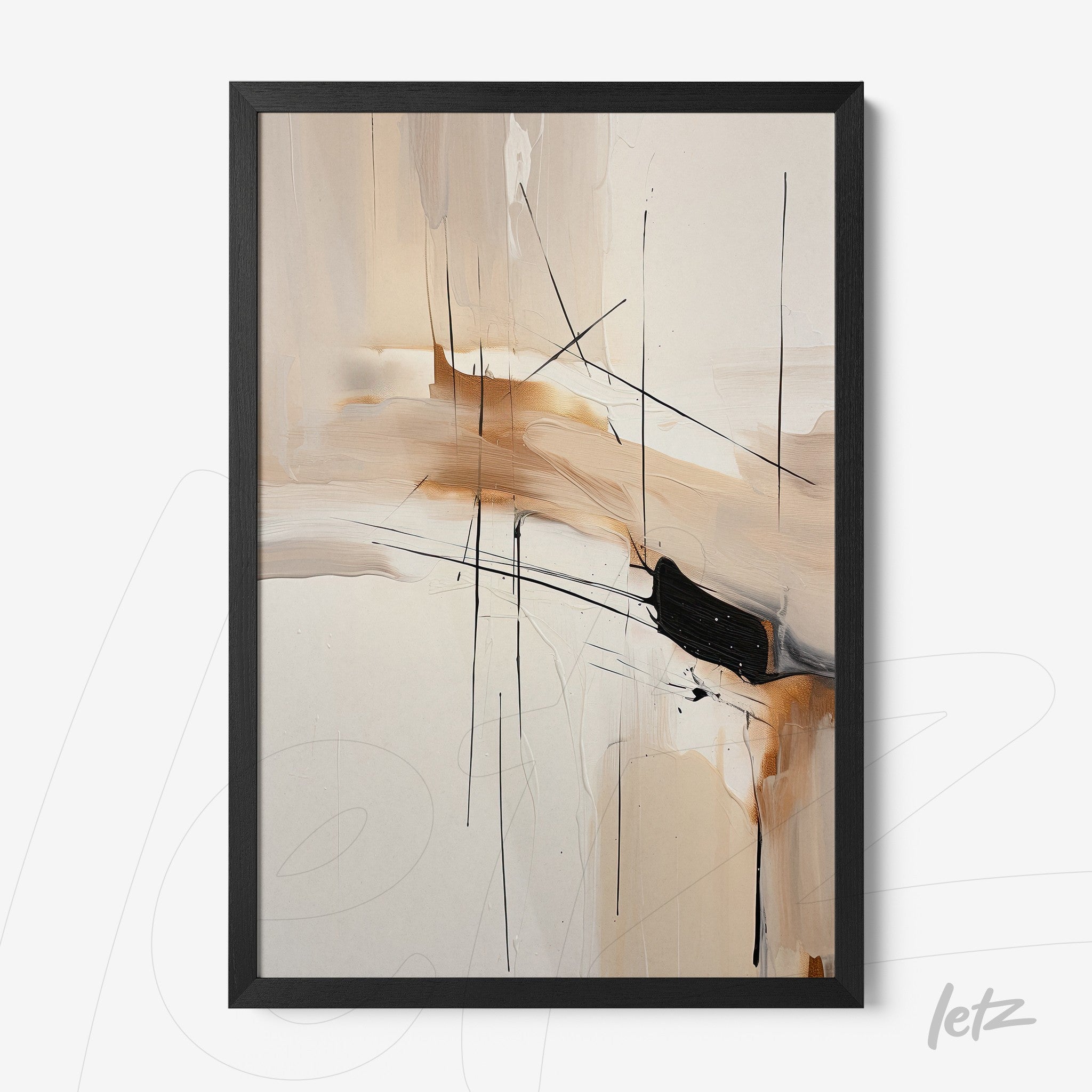 abstract wall art in soft shades of beige, orange, and black displayed in a sleek black frame