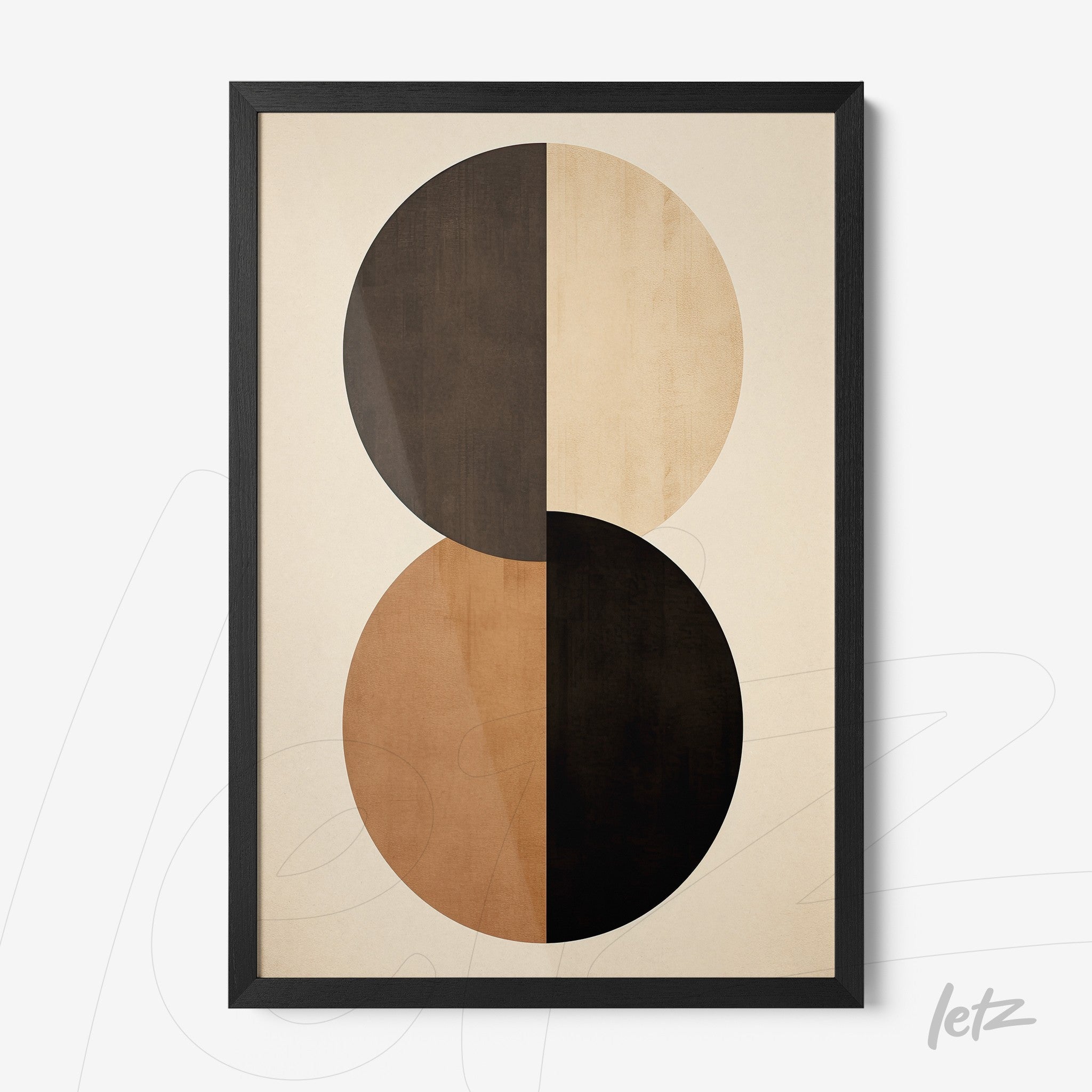 framed wall art featuring an abstract design of two circles on a light background, one in brown tones and the other in black