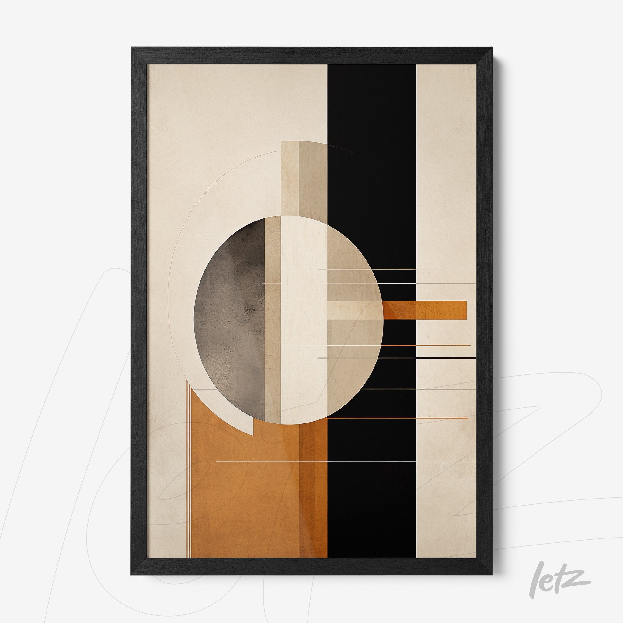 framed abstract art piece in earthy tones and black with geometric elements