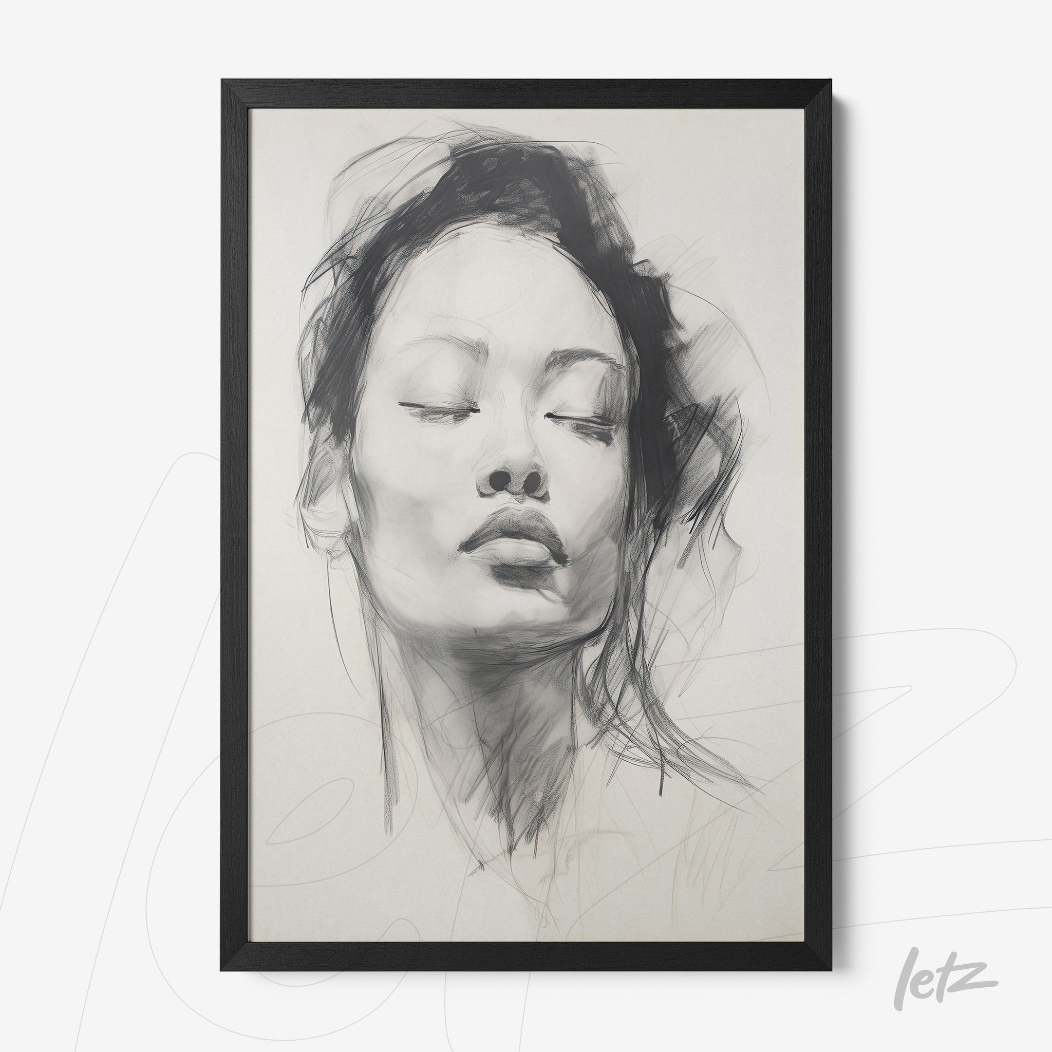 framed artwork featuring an abstract line drawing of a serene woman with closed eyes