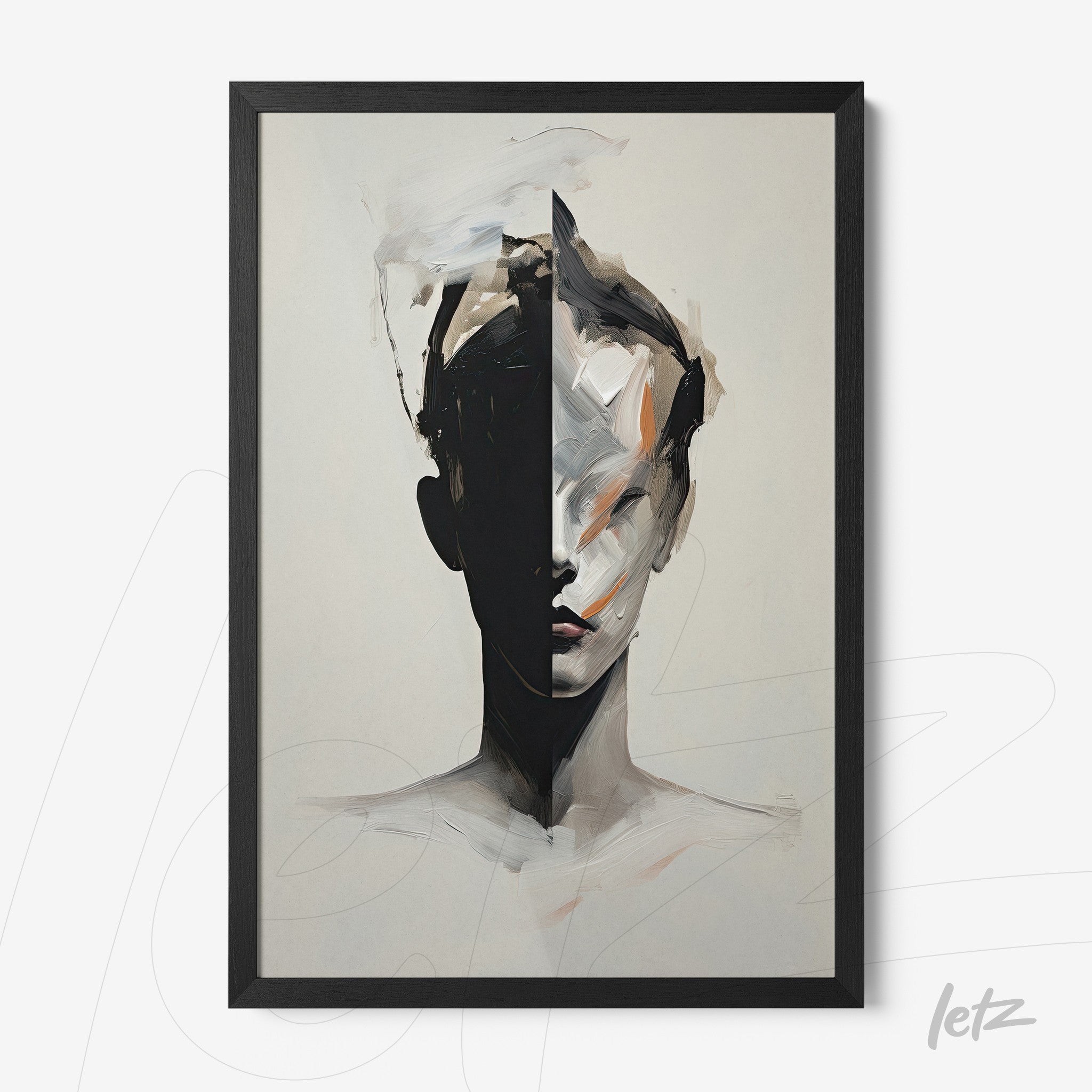 framed artwork featuring an abstract representation of a human face split in shades of black and beige