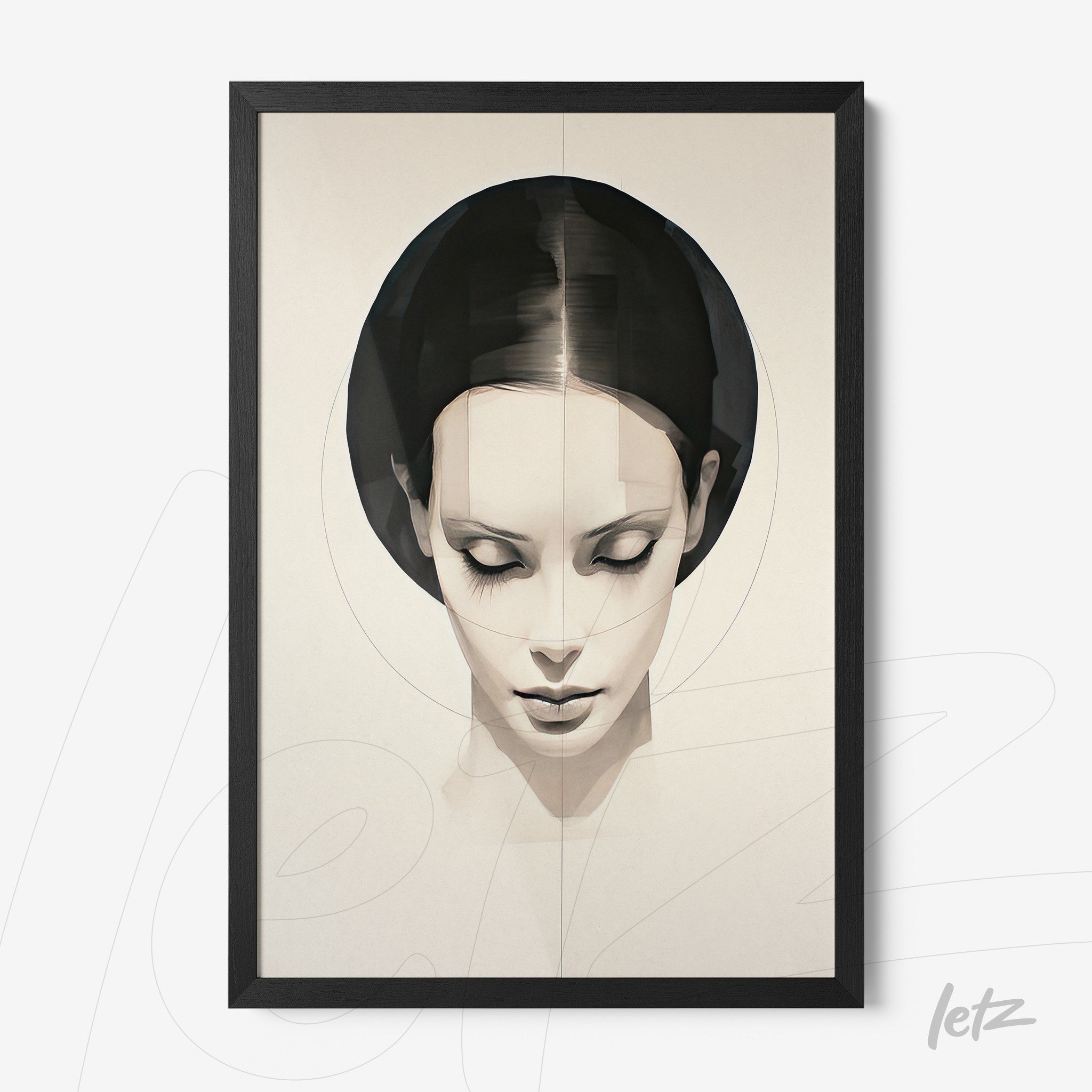 framed digital art of a female portrait in neutral tones with a sleek black frame