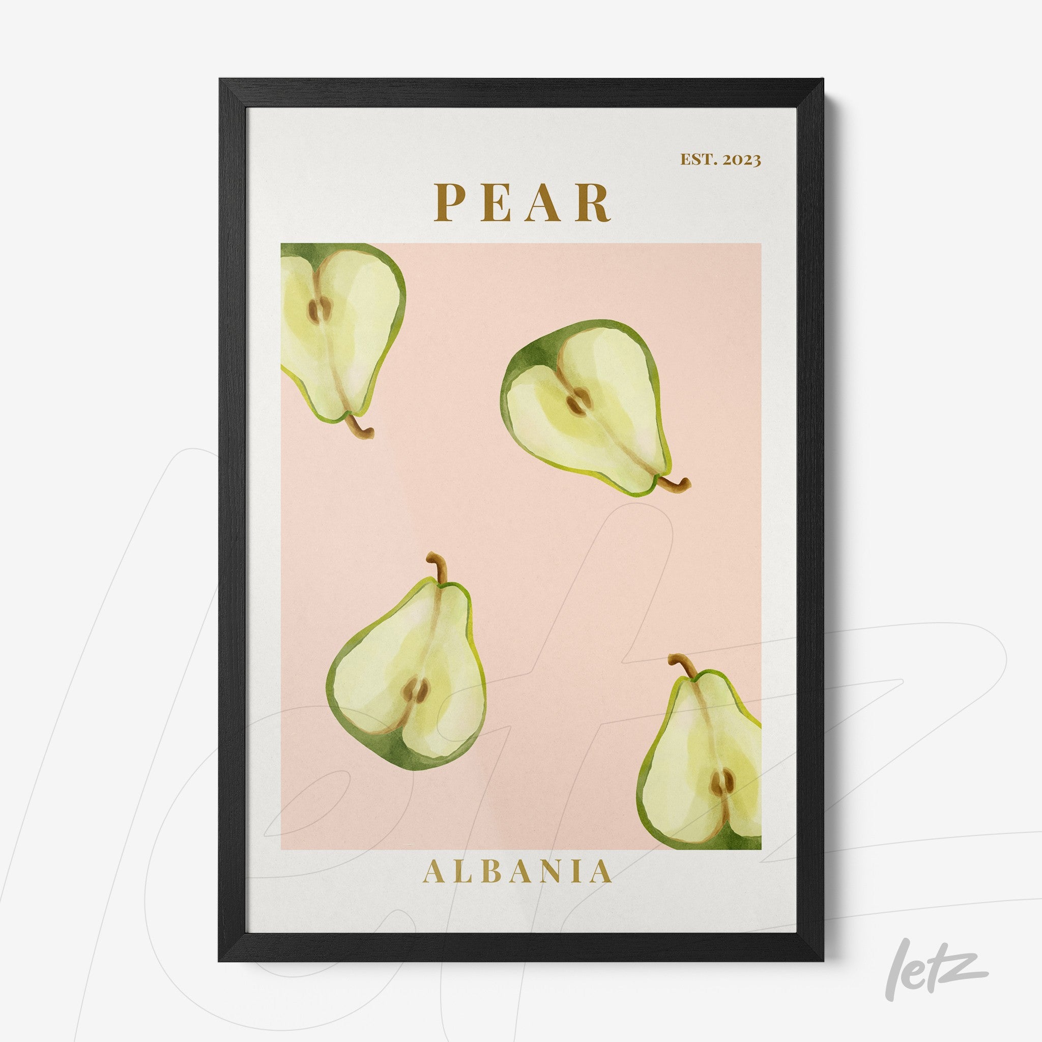 framed artwork featuring artistic illustration of pears on pink background with black frame