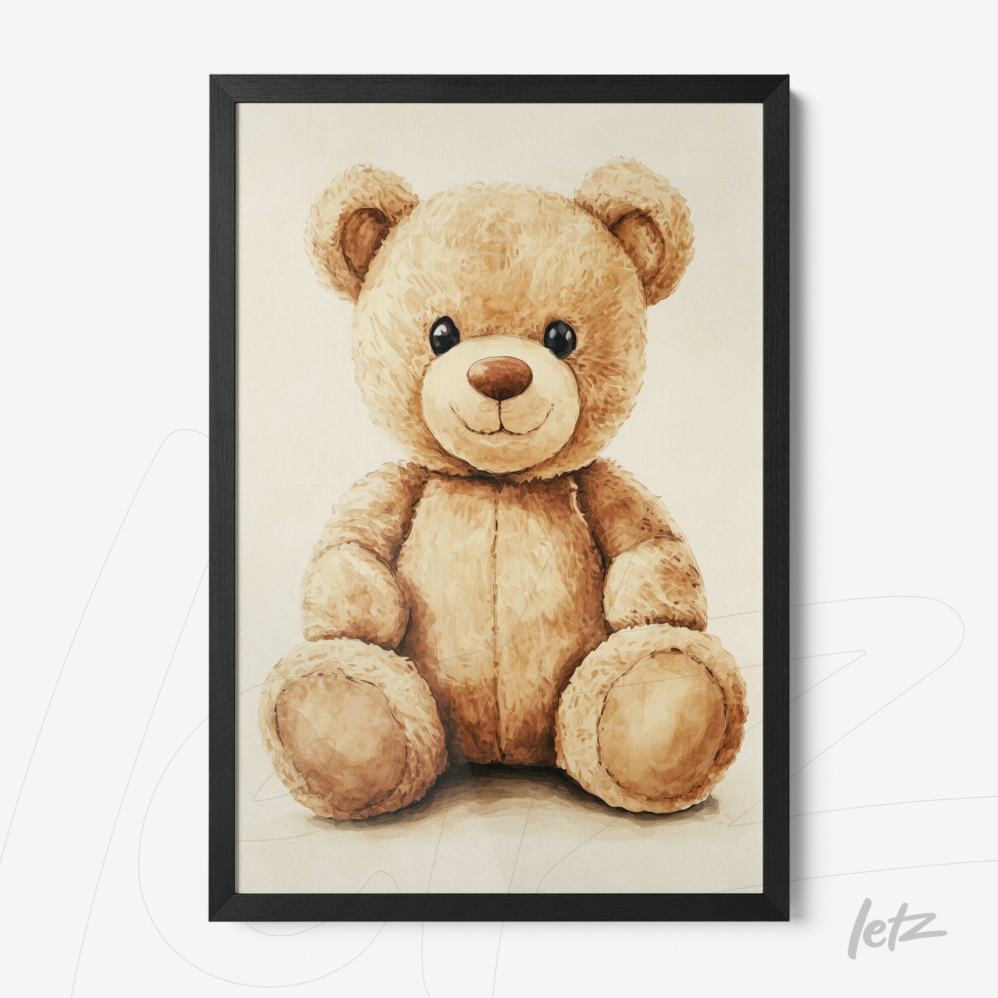 canvas print of brown teddy bear with black frame displayed on a light background