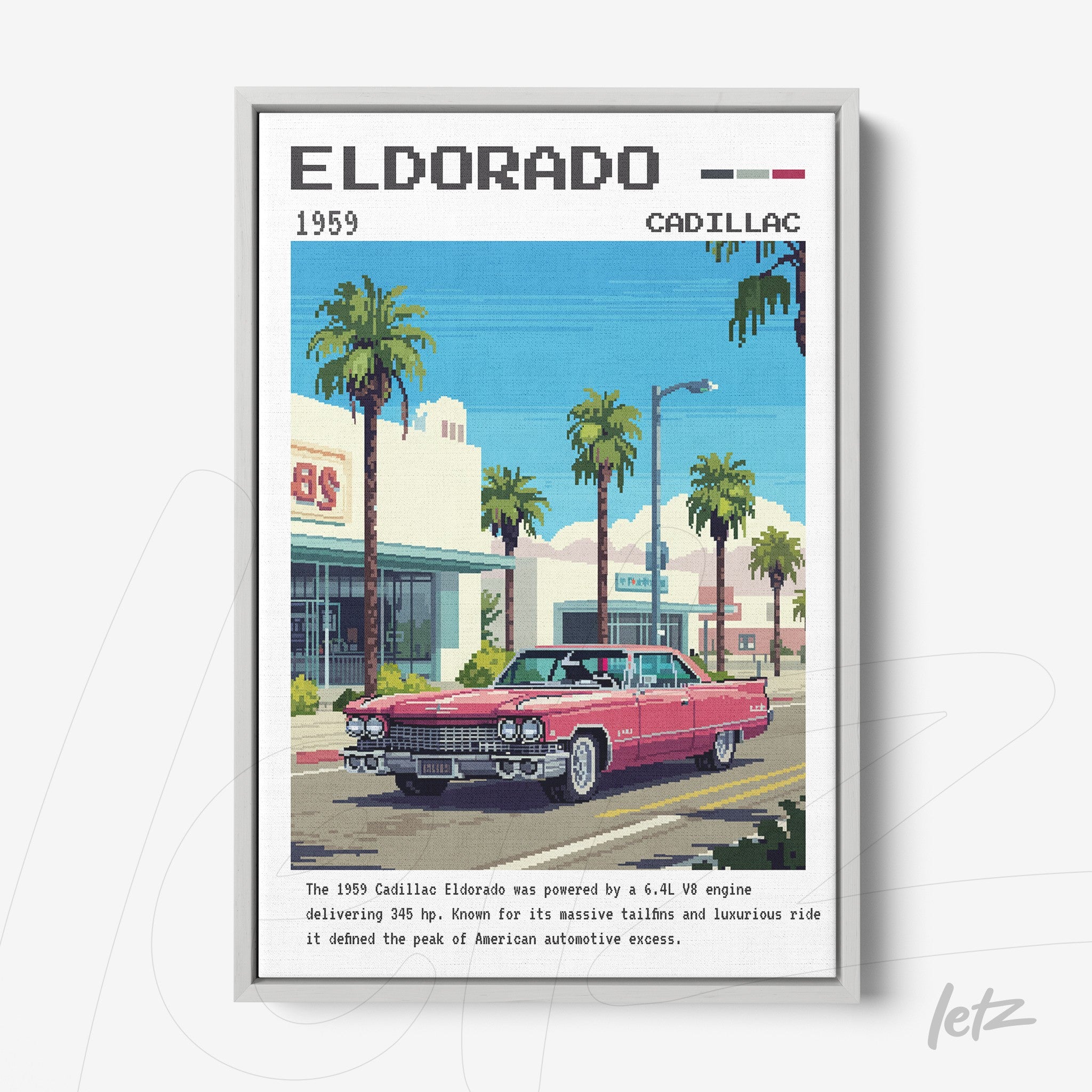 framed digital art of a 1959 Cadillac Eldorado with palm trees in the background and a retro aesthetic