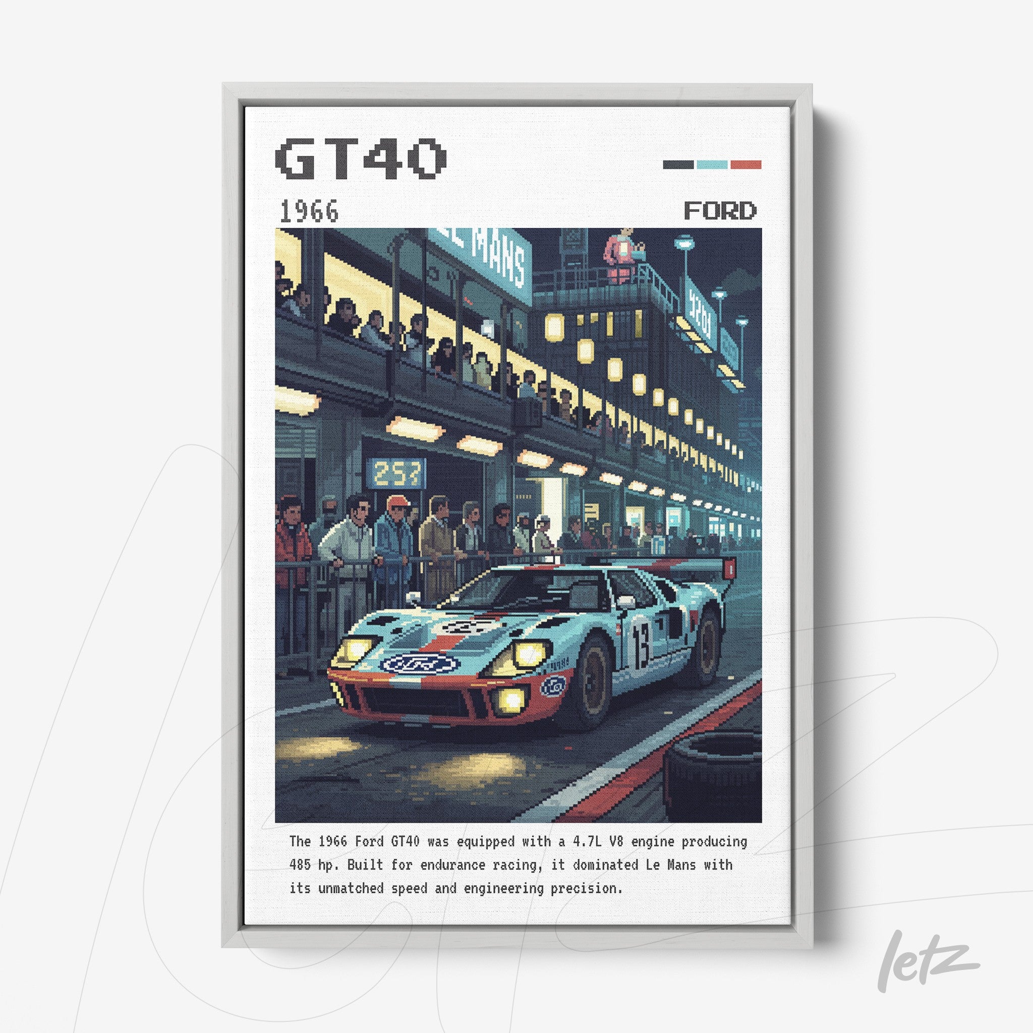 framed retro illustration of the Ford GT40 race car with a silver frame