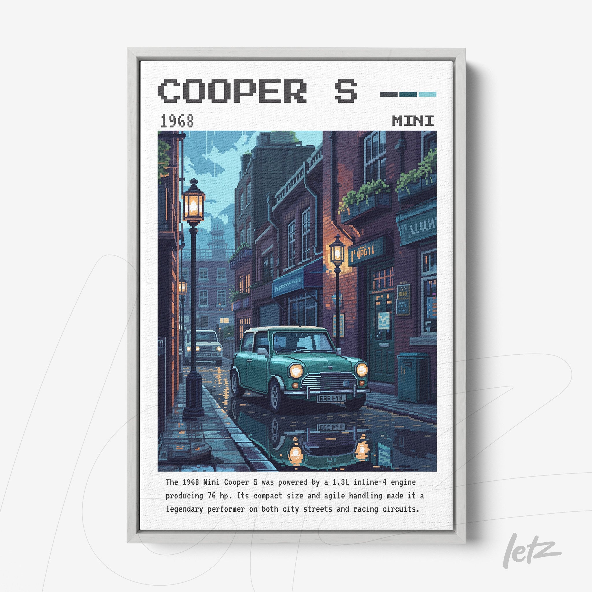retro style wall art featuring a mini cooper s parked on a city street illuminated by streetlights, with classic buildings and reflections in the wet pavement