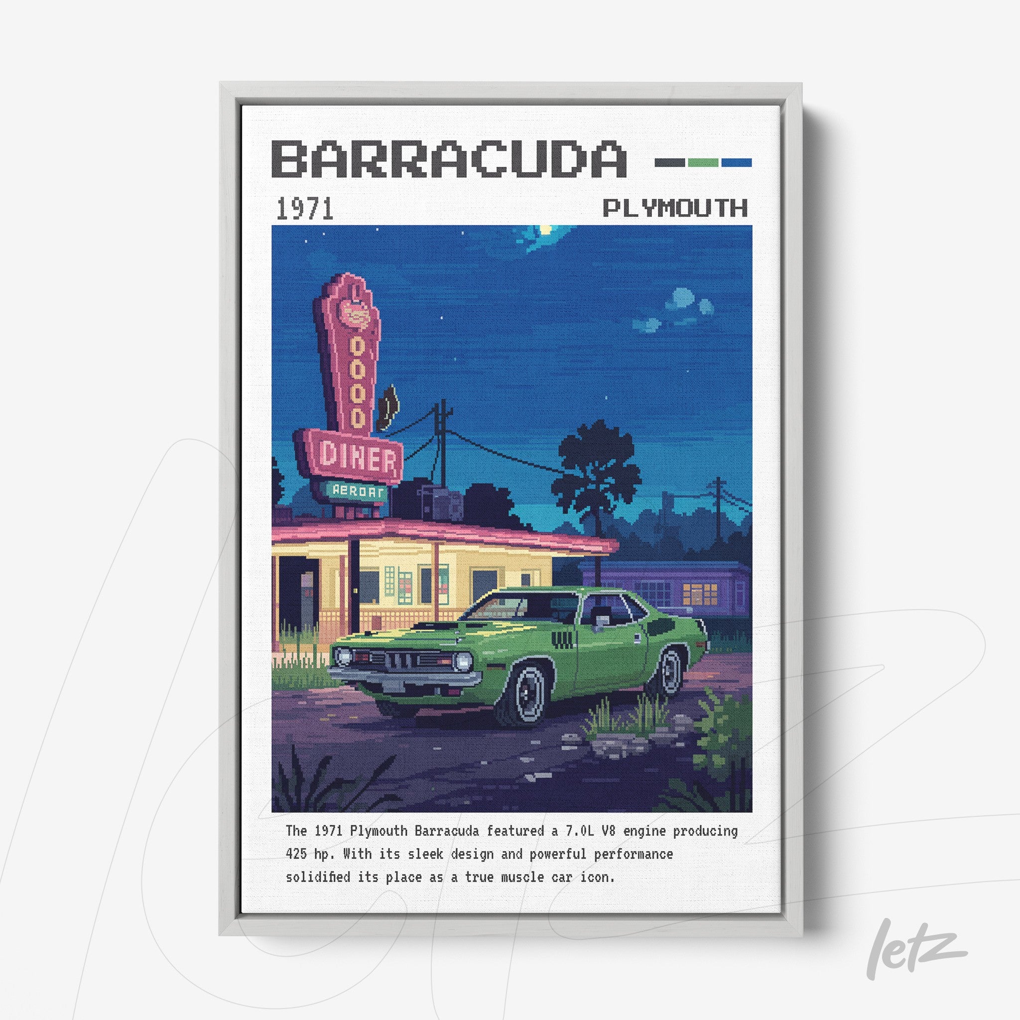 framed retro digital art of a 1971 Plymouth Barracuda in front of a lit diner