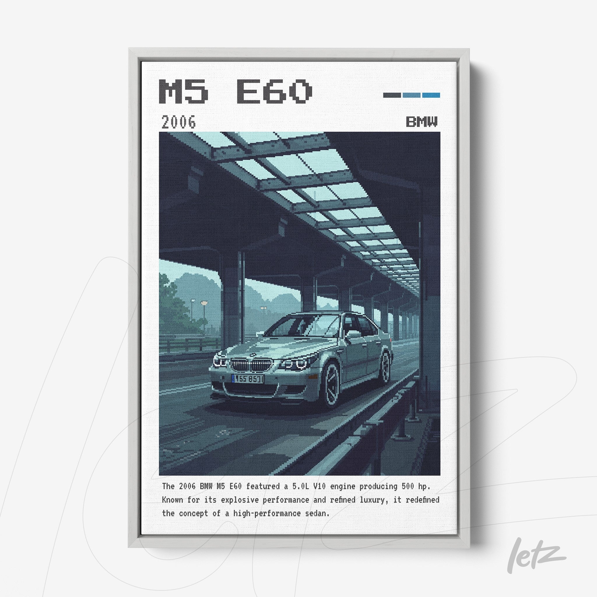 framed wall art of a BMW M5 E60 car illustration, silver frame with a minimalistic background