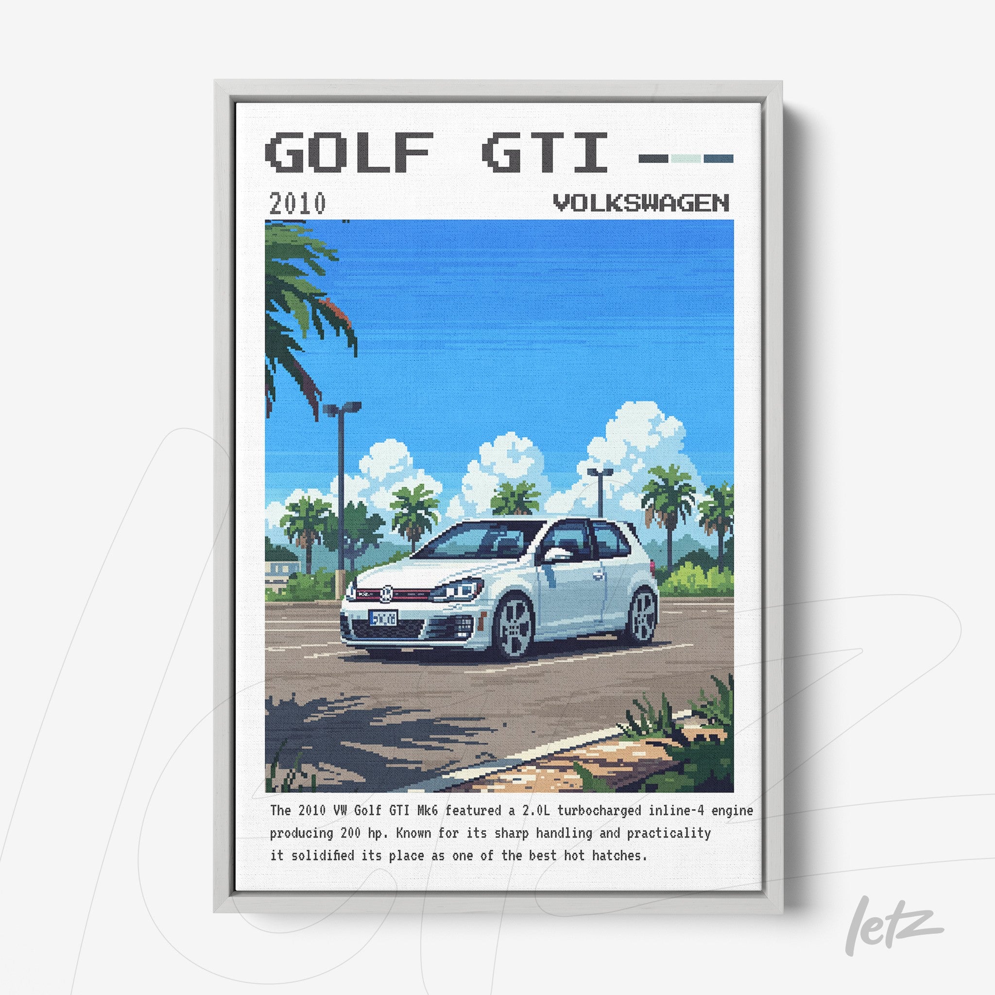 pixel art framed print of a Volkswagen Golf GTI in a tropical landscape with palm trees and blue sky, white frame