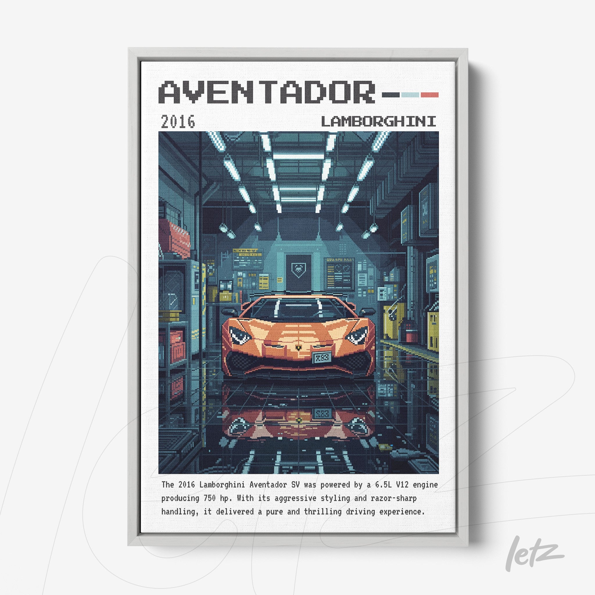pixel art framed print of a 2016 Lamborghini Aventador in a garage setting with dramatic lighting and shiny floor