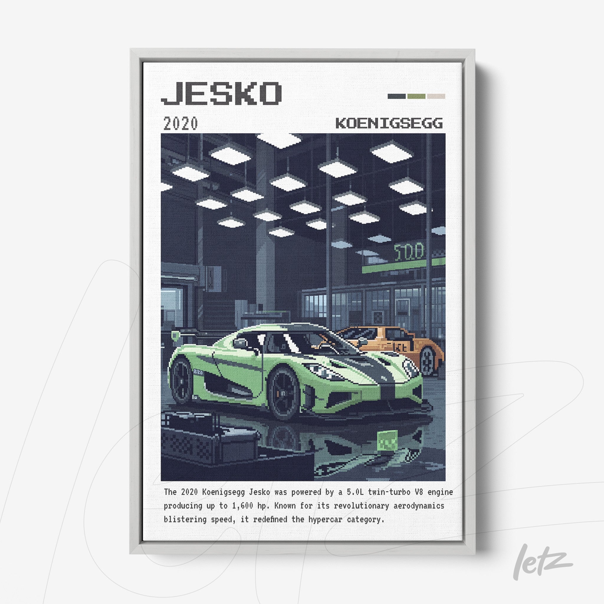 digital artwork of a green Koenigsegg Jesko sports car in pixel art style, framed in white, set against a workshop background