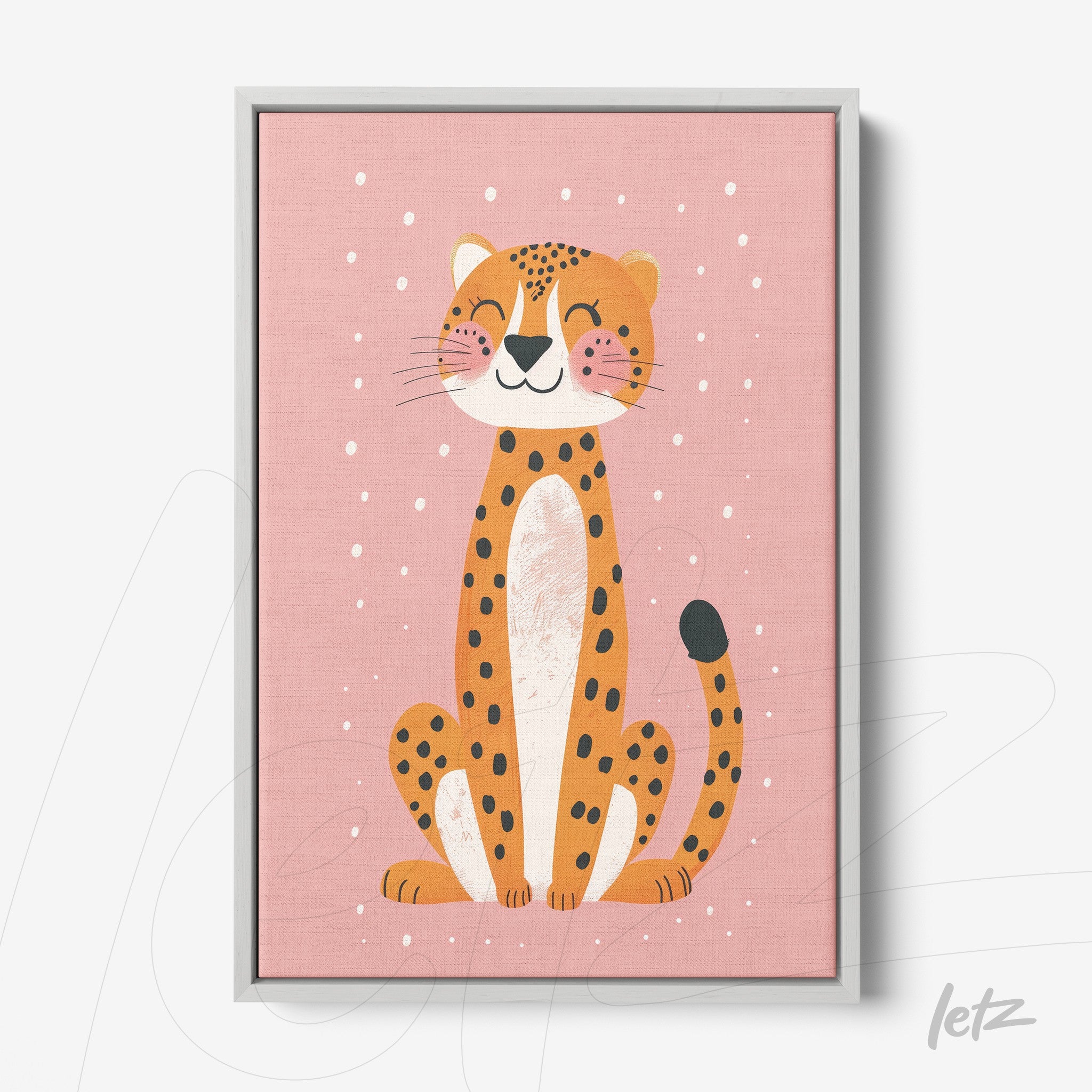 framed artwork of a smiling jaguar on a light pink background with gray frame