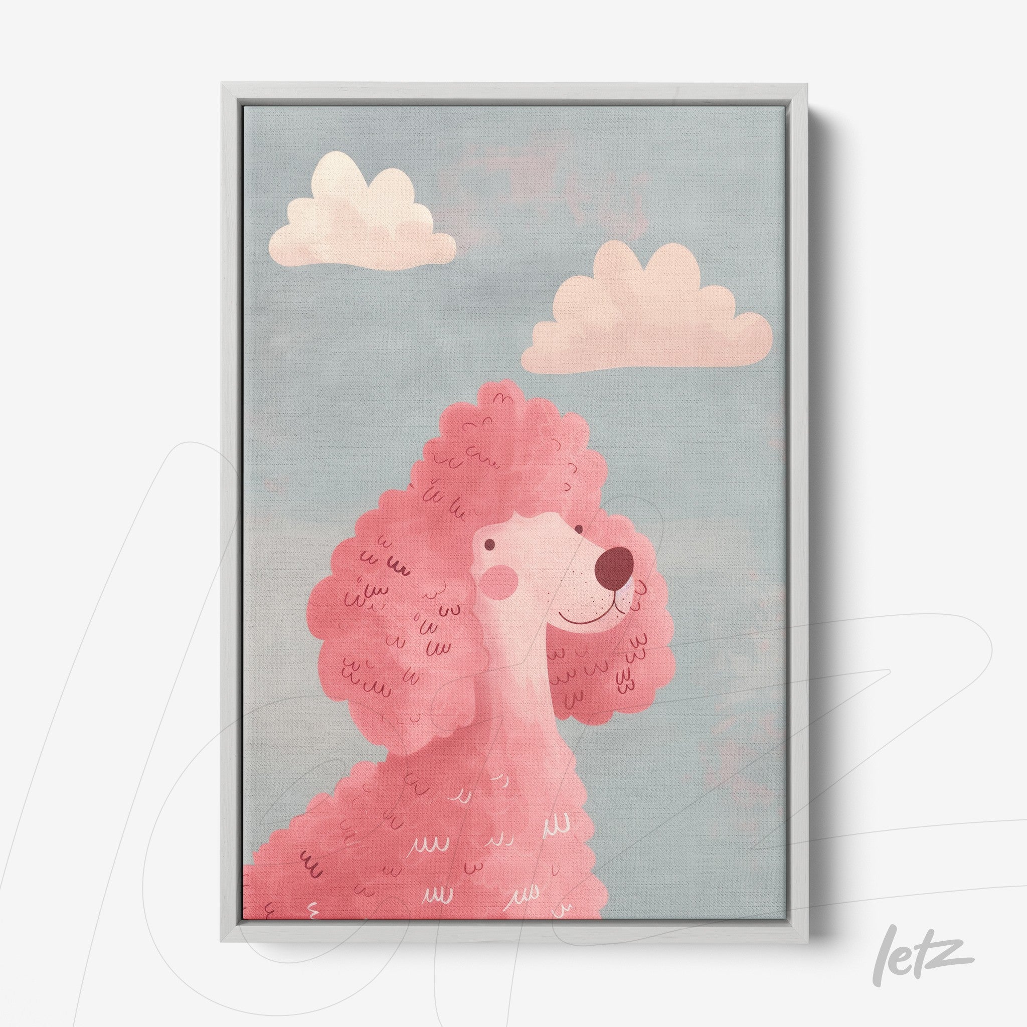 framed children's art of a pink dog under clouds on a blue background with light gray frame