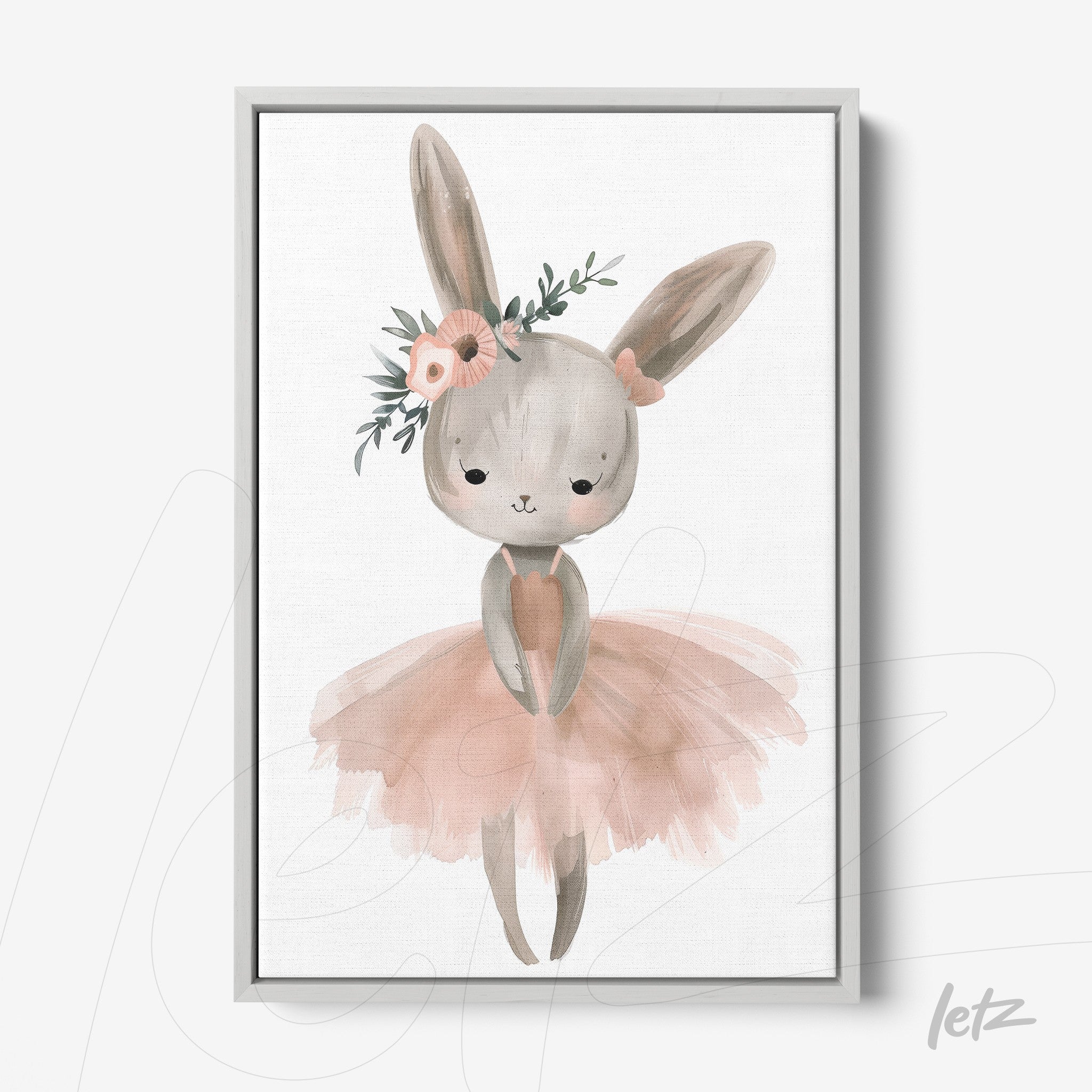 framed artwork of a gentle bunny ballerina adorned with flowers and a pink tutu