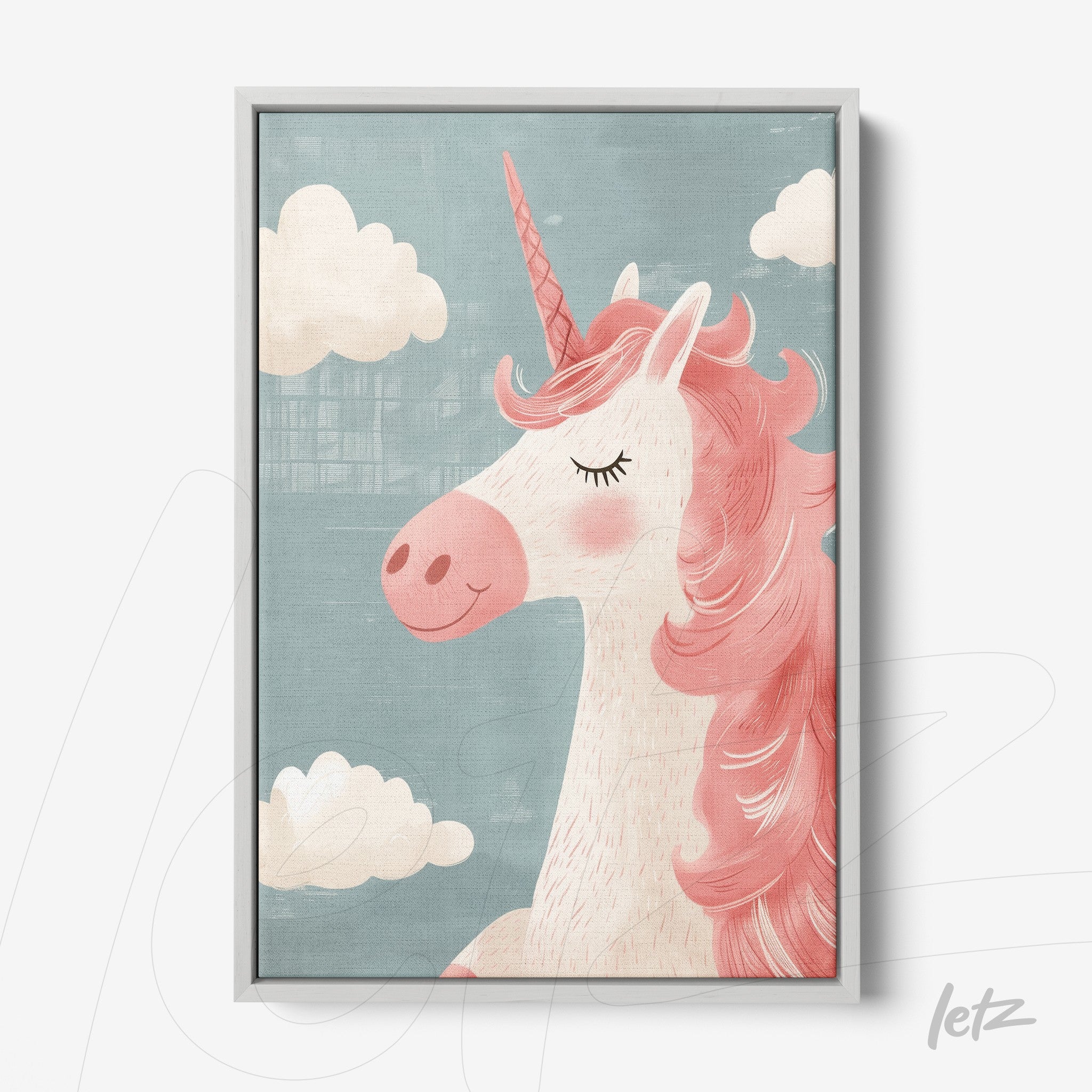framed digital art of a pink unicorn with blue background and white clouds