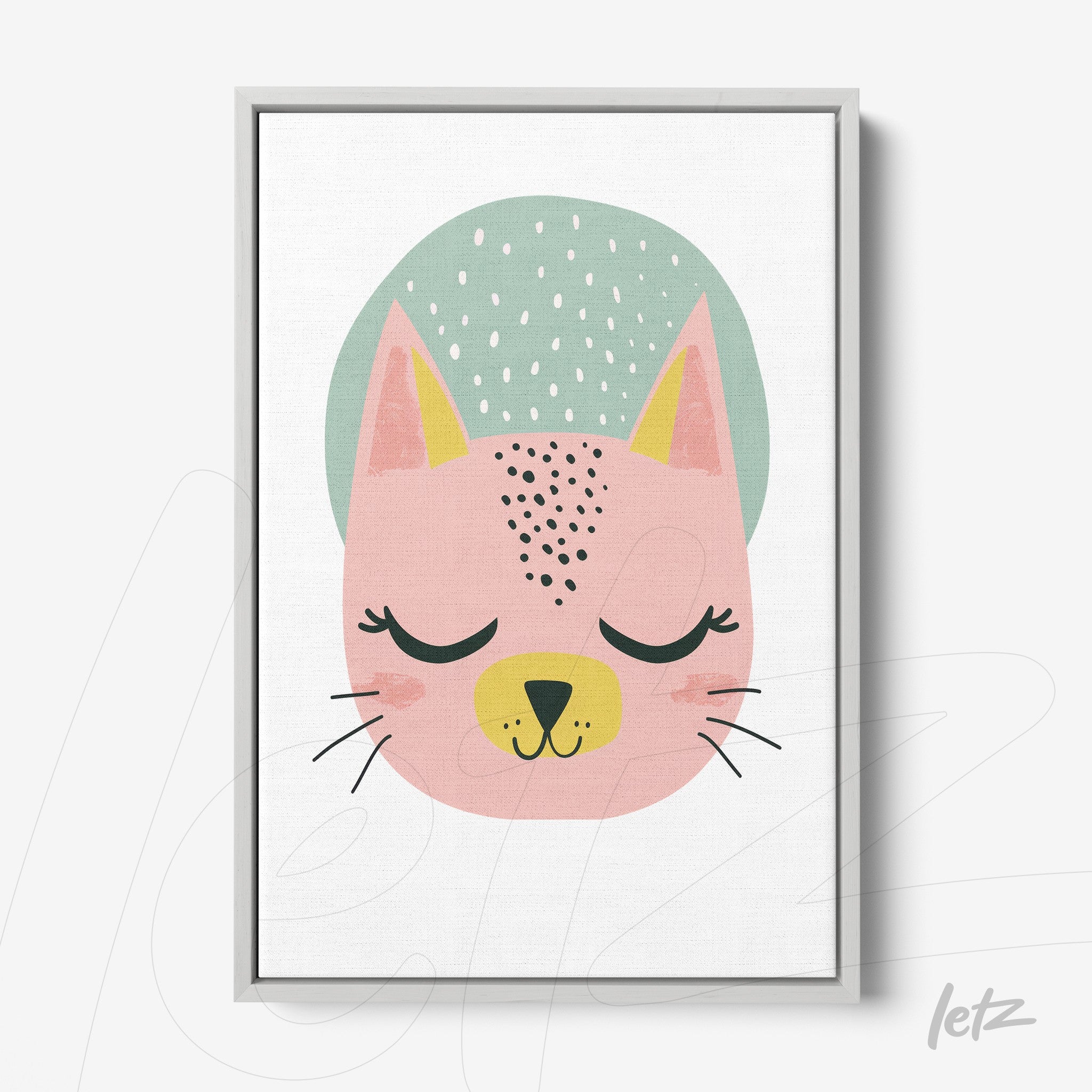 framed artwork featuring a pink cat with closed eyes and a green hat