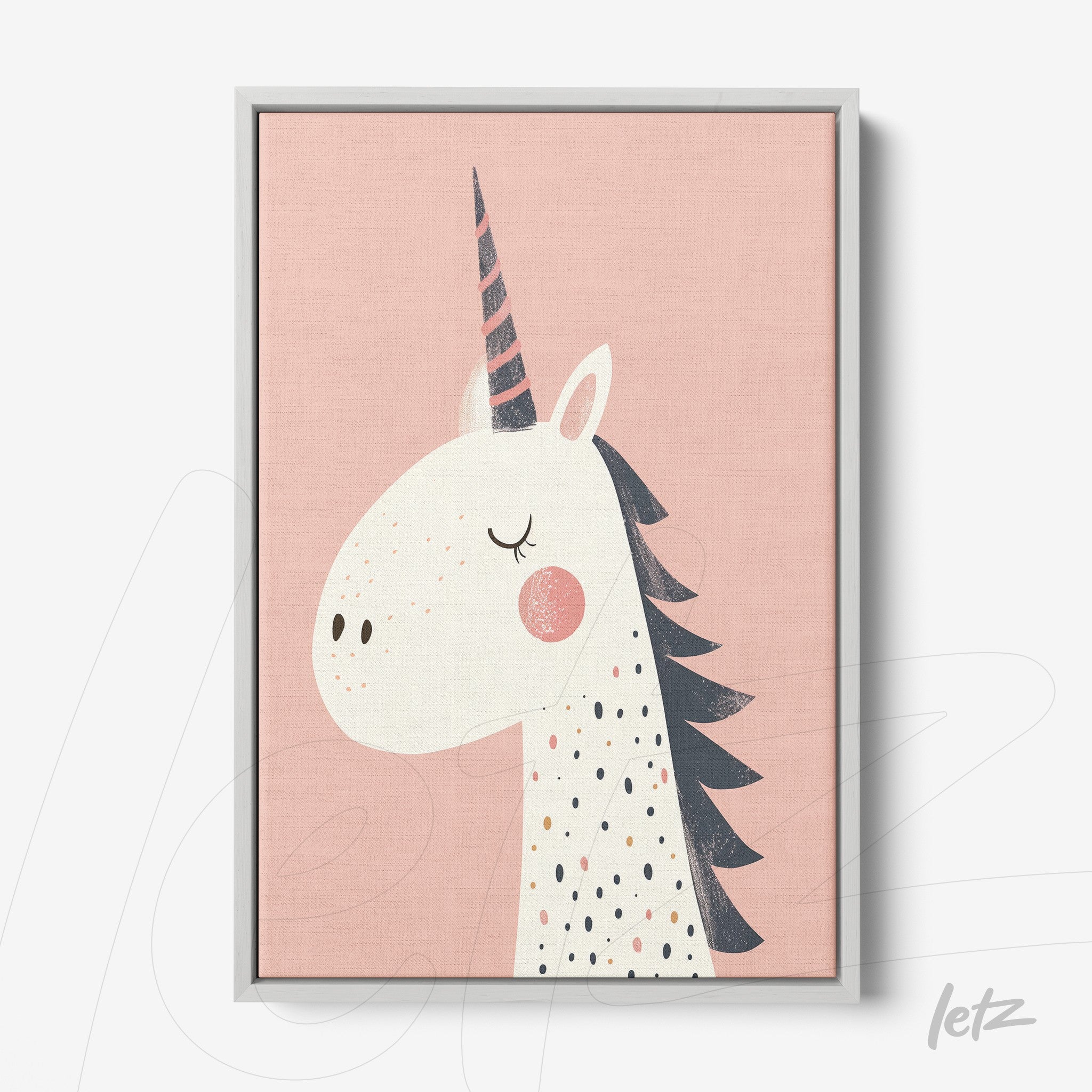 framed kids' art of unicorn with light gray frame on pink background