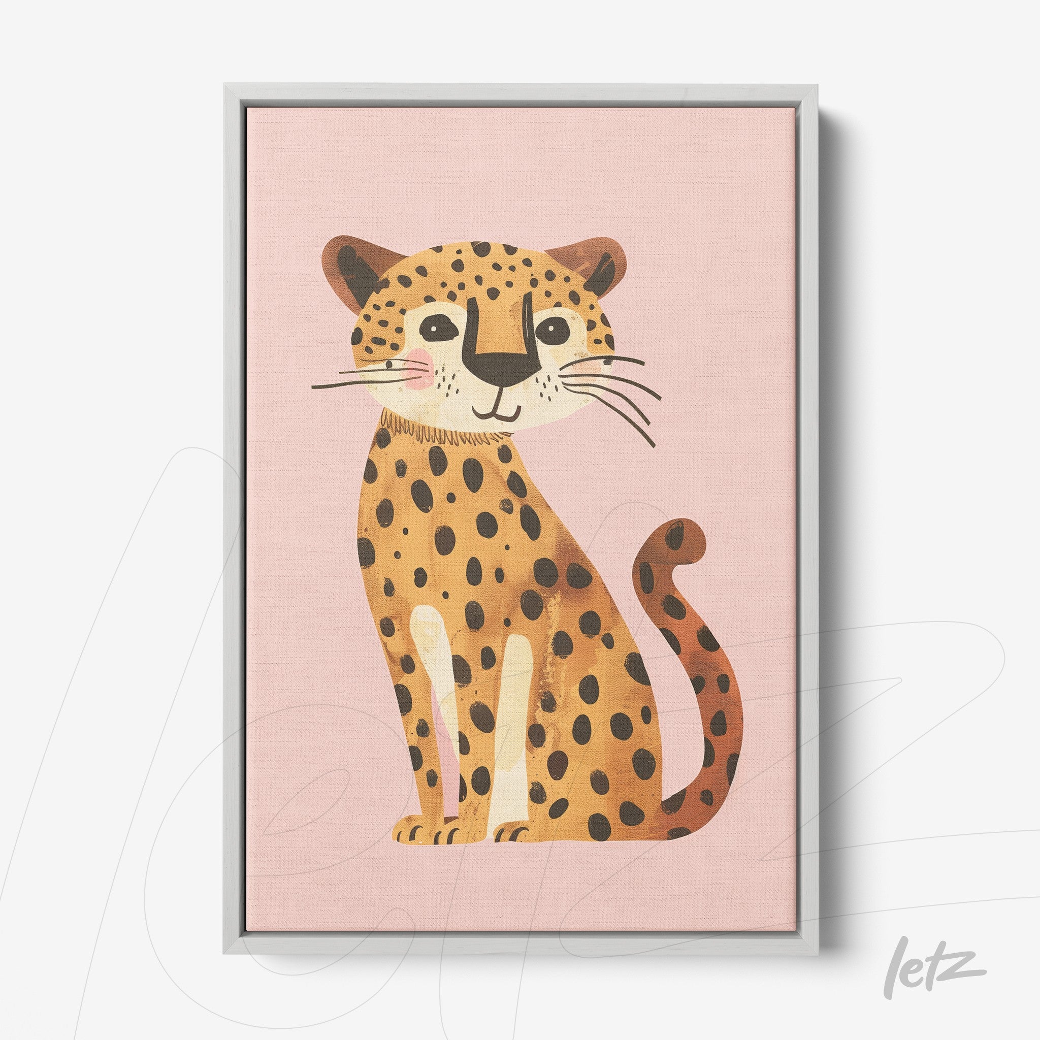 framed illustration of a wild cat on pink background with white frame