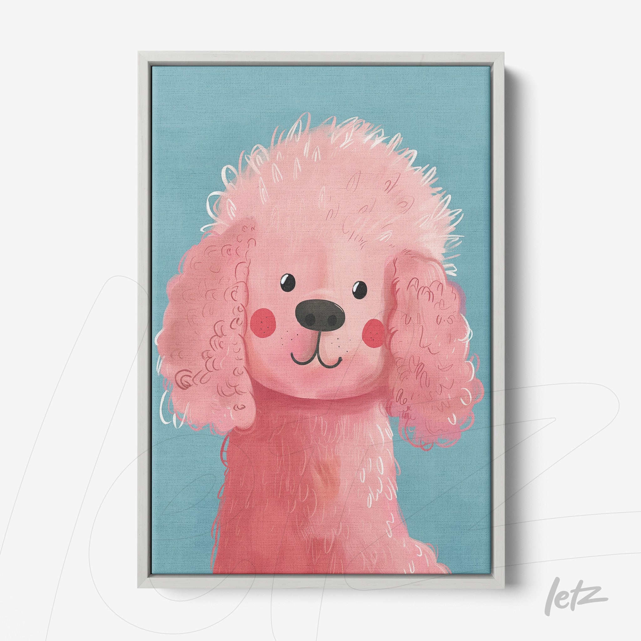 framed art of a pink poodle against a blue background with a light frame