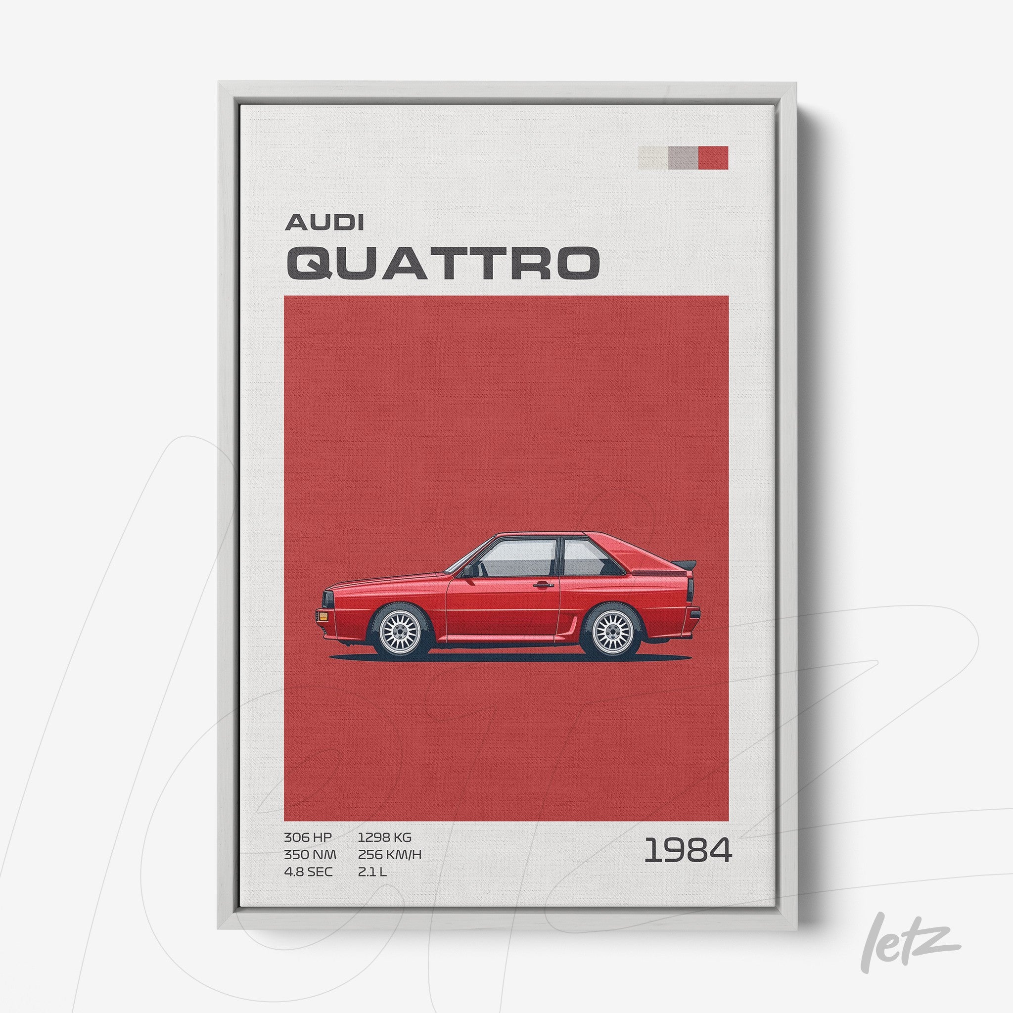 framed wall art featuring the Audi Quattro car in red on a vibrant red background with informational details on the side